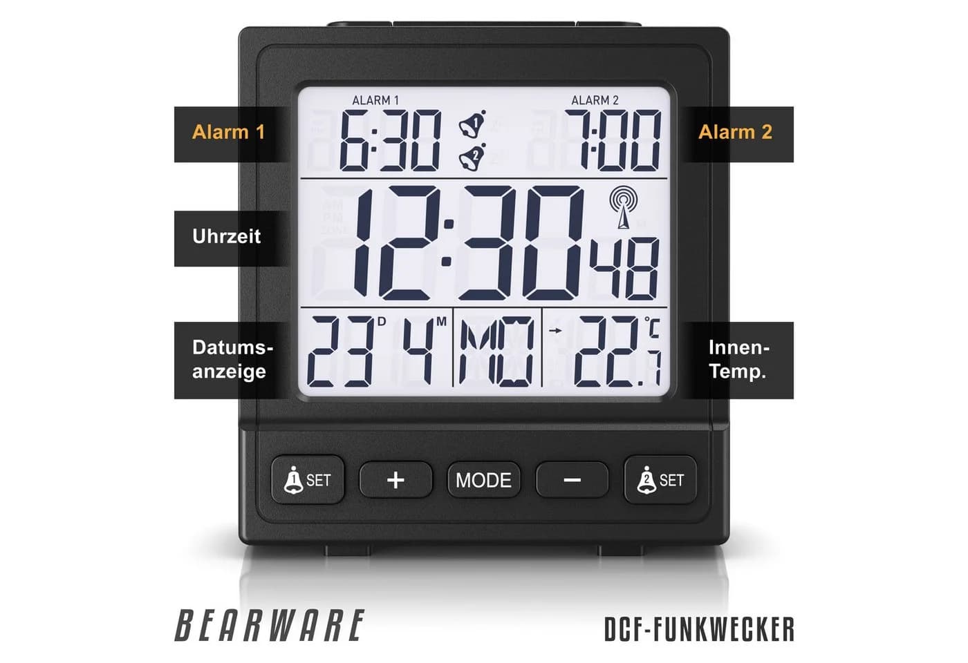 BEARWARE Reisewecker Digital DCF-Funkwecker 2 Alarme Snooze Temperaturanzeige - Bild 3