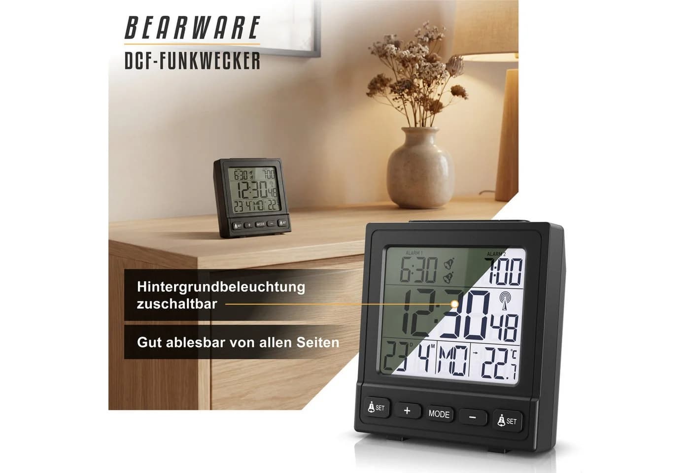BEARWARE Reisewecker Digital DCF-Funkwecker 2 Alarme Snooze Temperaturanzeige - Bild 5