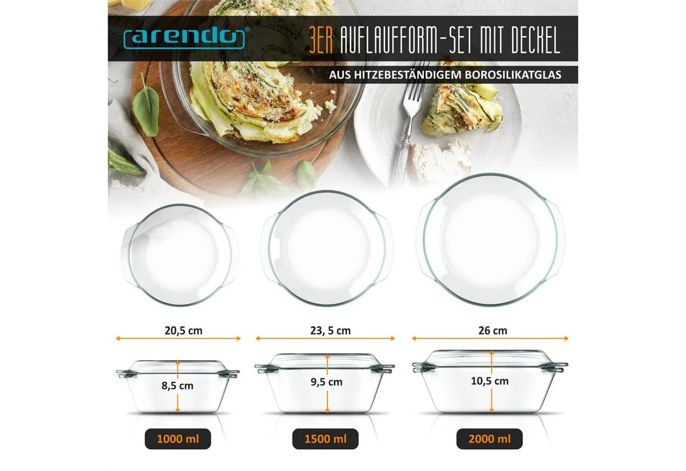 Arendo Auflaufform 3er Set Borosilikatglas mit Deckel