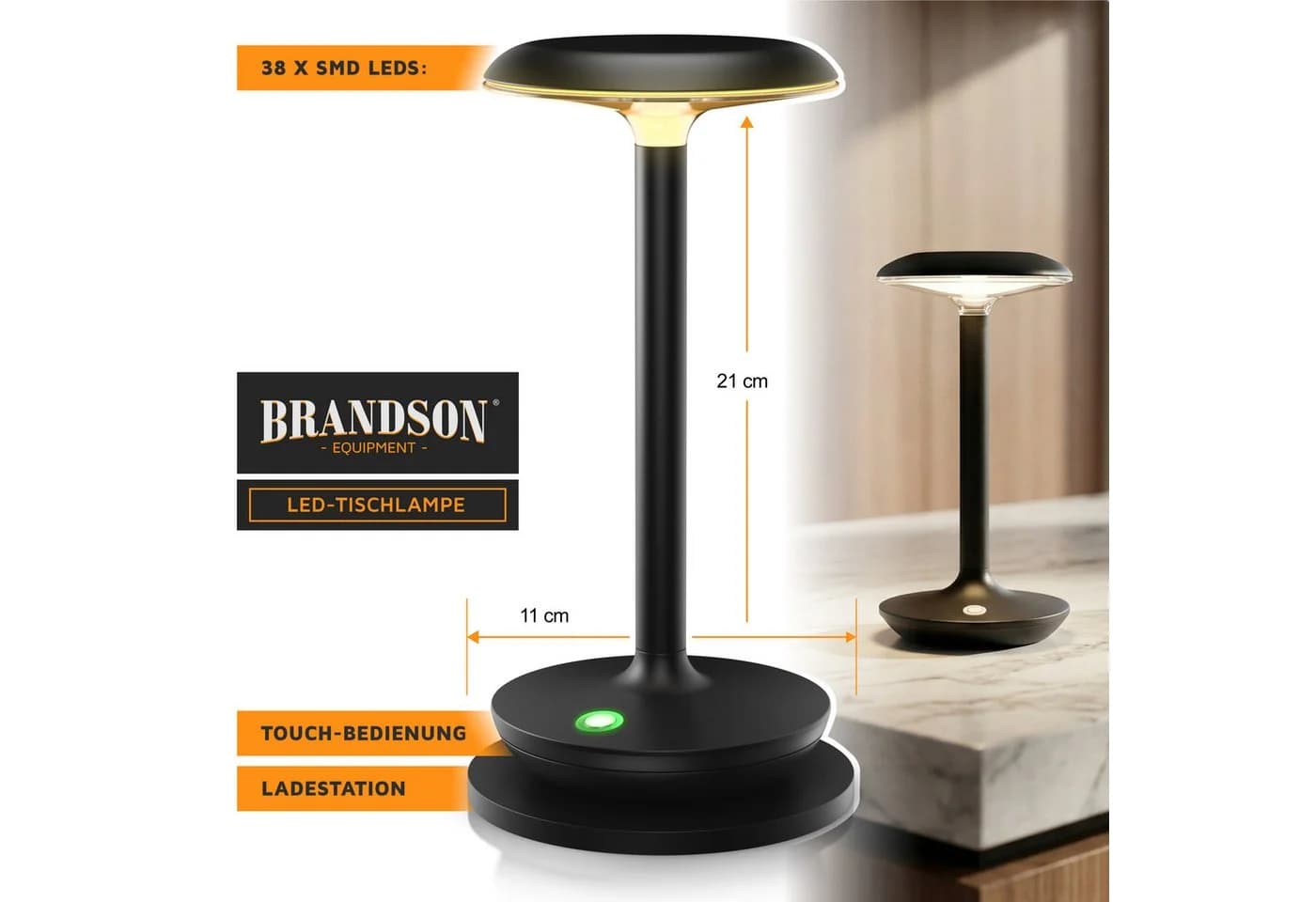 Brandson LED Tischleuchte Schwarz Kabellos Dimmbar mit Akku