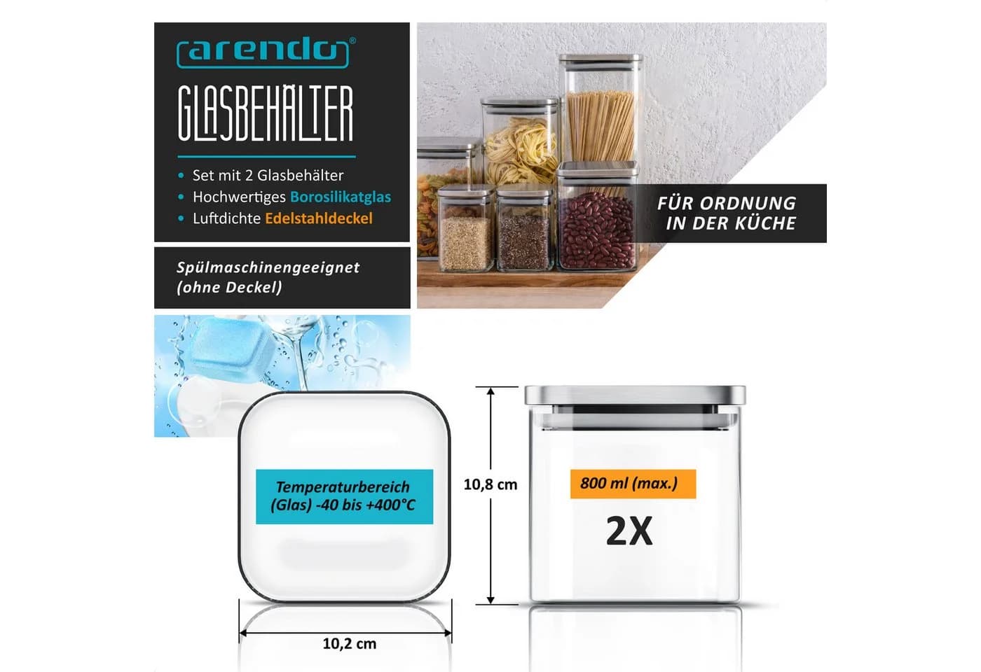 Arendo Vorratsbehälter-Set 2x 765ml Glas mit Edelstahldeckel