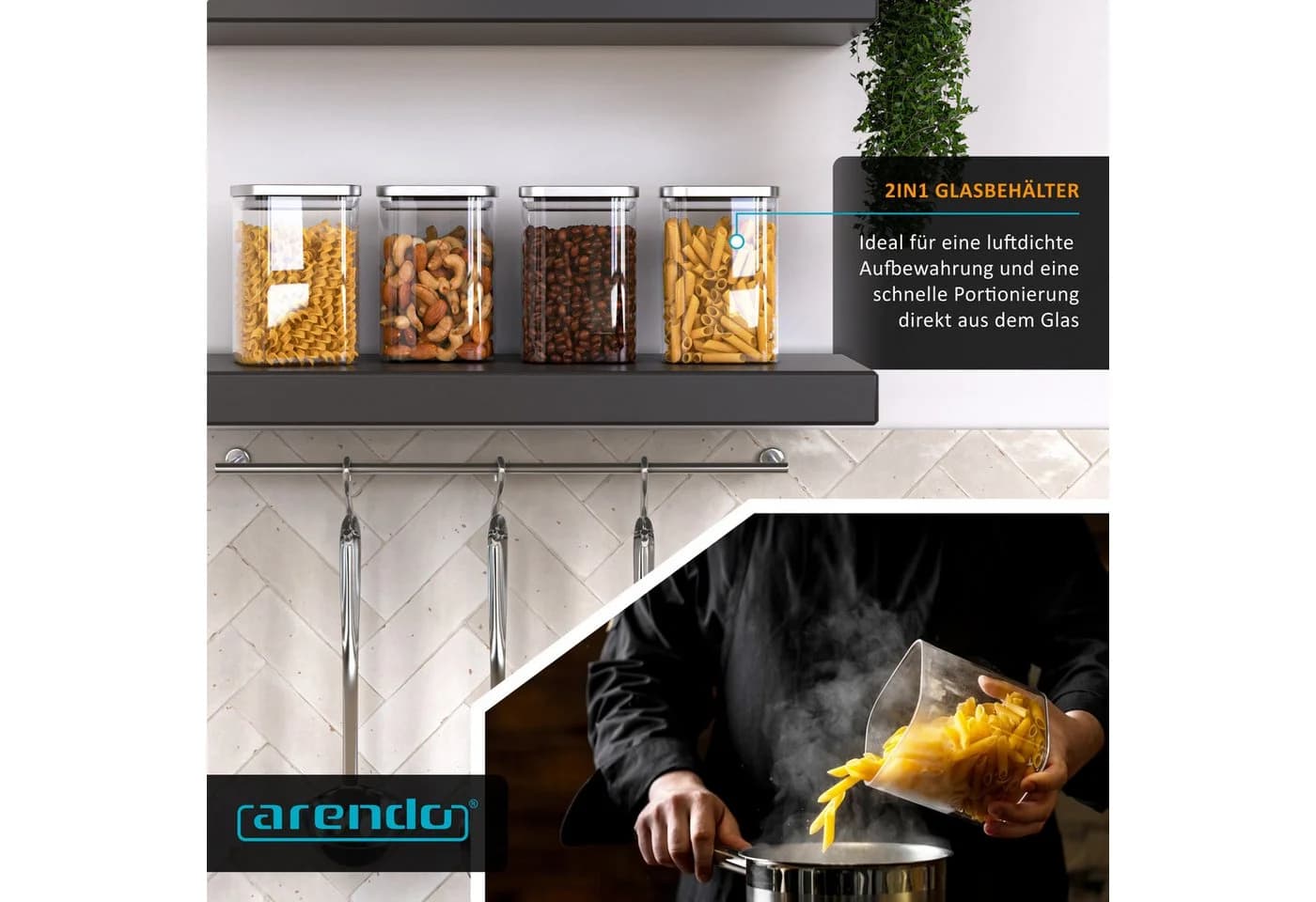 Arendo Vorratsbehälter-Set 4x 1,2 L Glas mit Edelstahldeckel - Bild 5