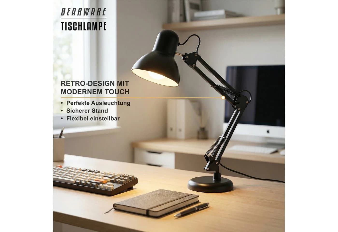 BEARWARE Retro Schreibtischlampe Vintage E27 flexibler Gelenkarm