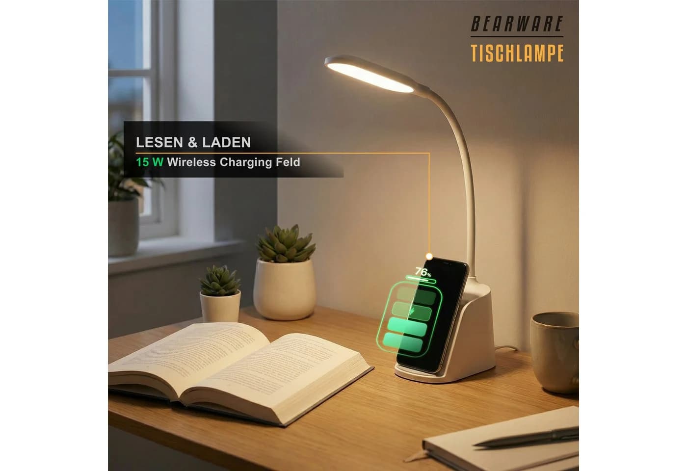 BEARWARE Schreibtischlampe LED Dimmbar mit Wireless Charger, 15W, Touch, 3 Lichtmodi, Stifthalter - Bild 3