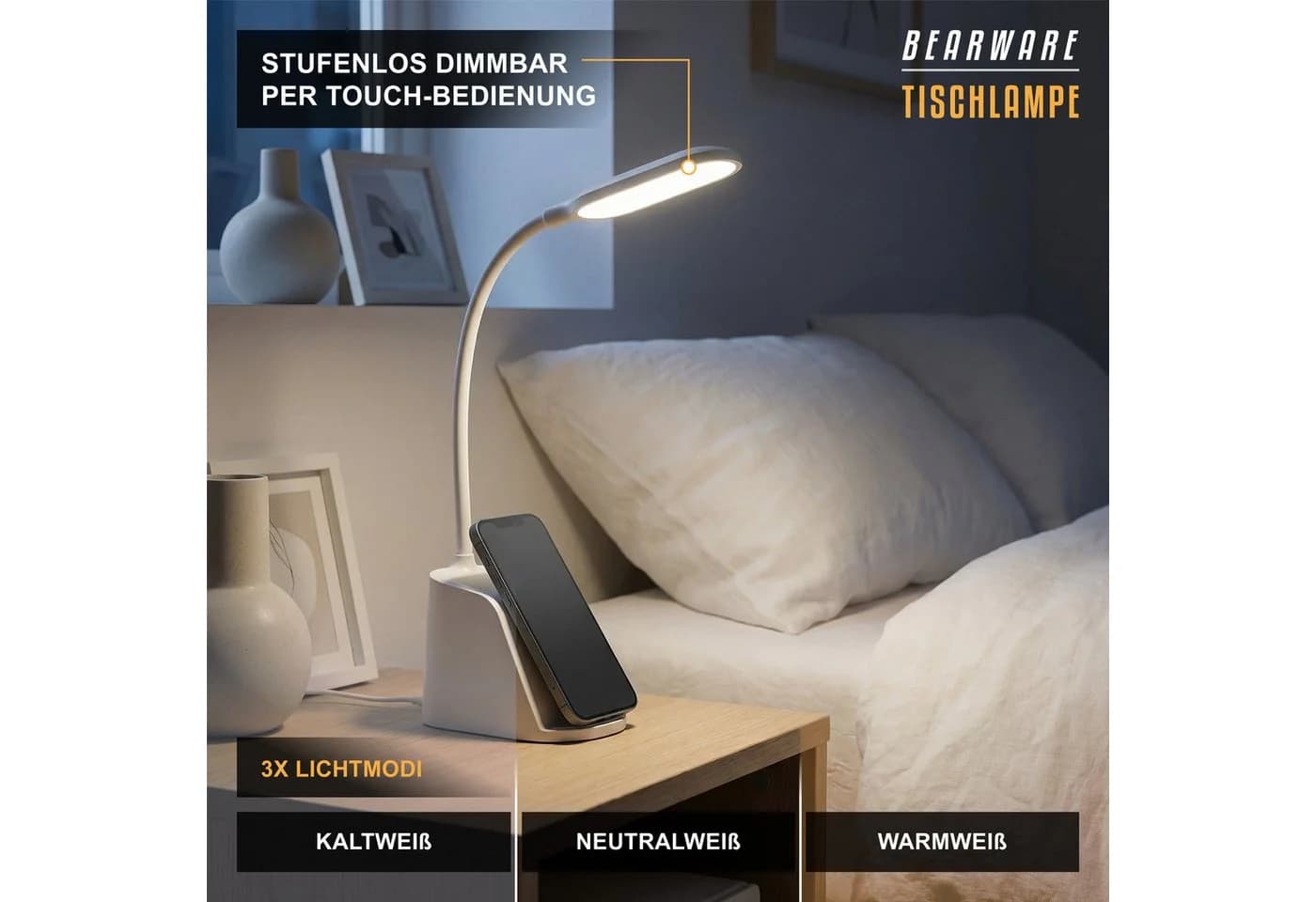 BEARWARE Schreibtischlampe LED Dimmbar mit Wireless Charger, 15W, Touch, 3 Lichtmodi, Stifthalter - Bild 4