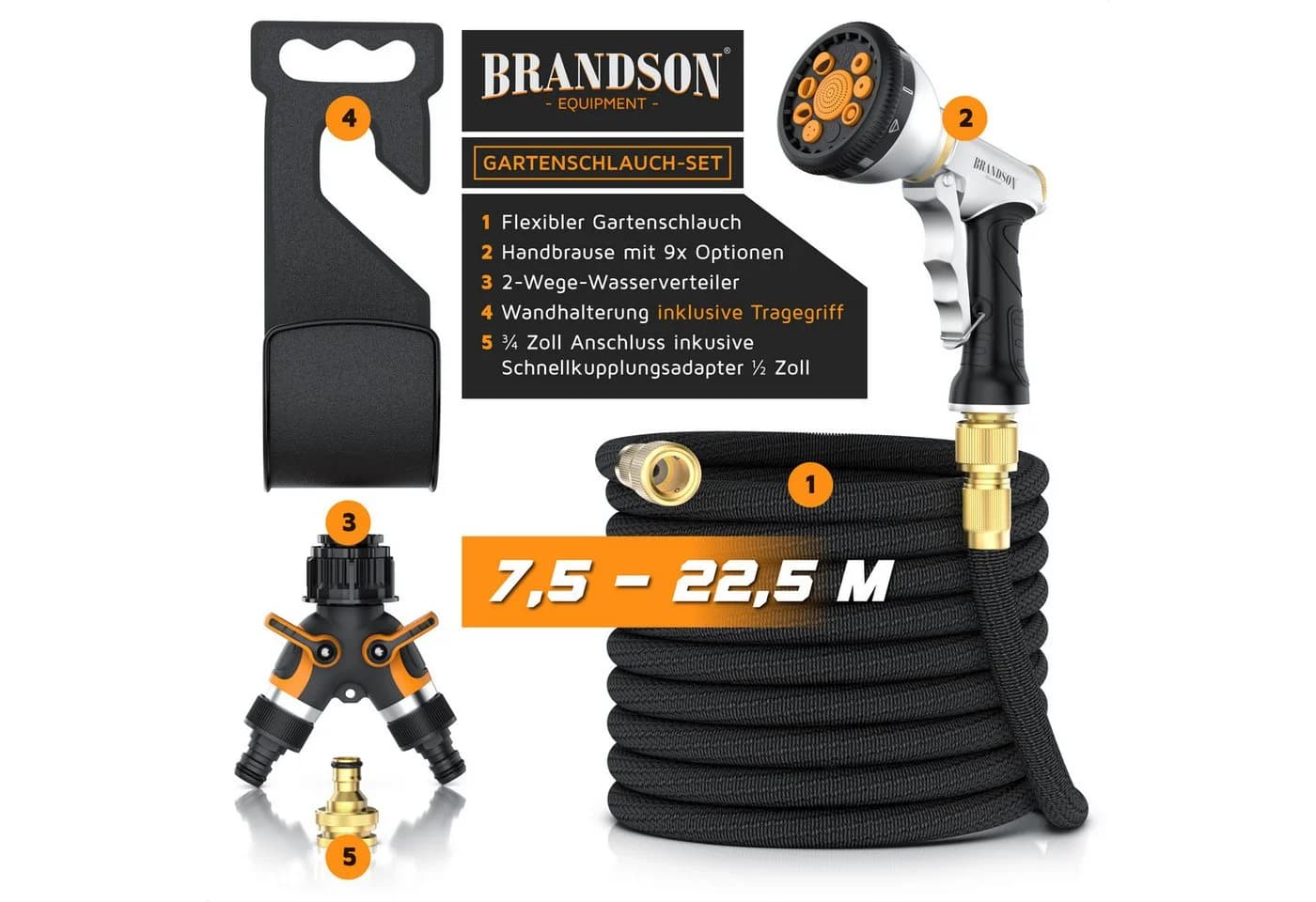 Brandson Flexschlauch 22,5 m Set mit Brause & Verteiler Schwarz/Orange