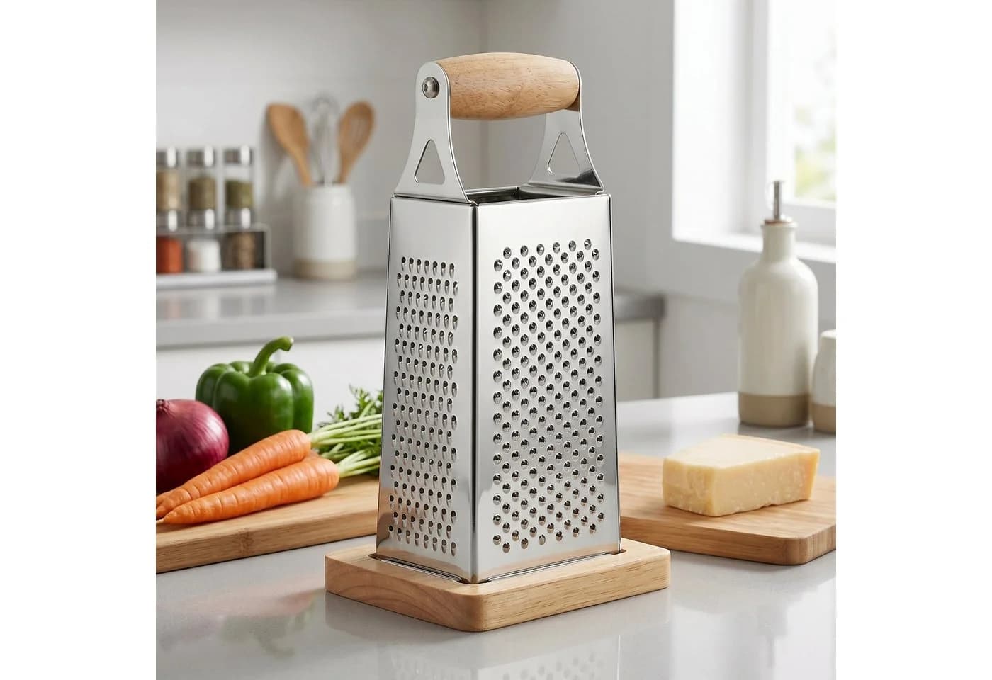 Arendo Vierkantreibe 4-in-1 Edelstahl mit Holzgriff und Echtholzbasis - Bild 3