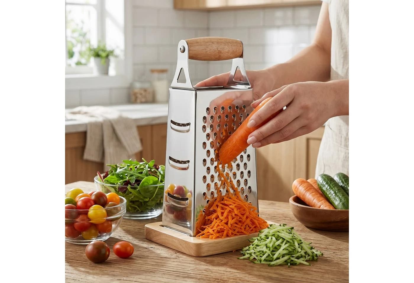 Arendo Vierkantreibe 4-in-1 Edelstahl mit Holzgriff und Echtholzbasis - Bild 4