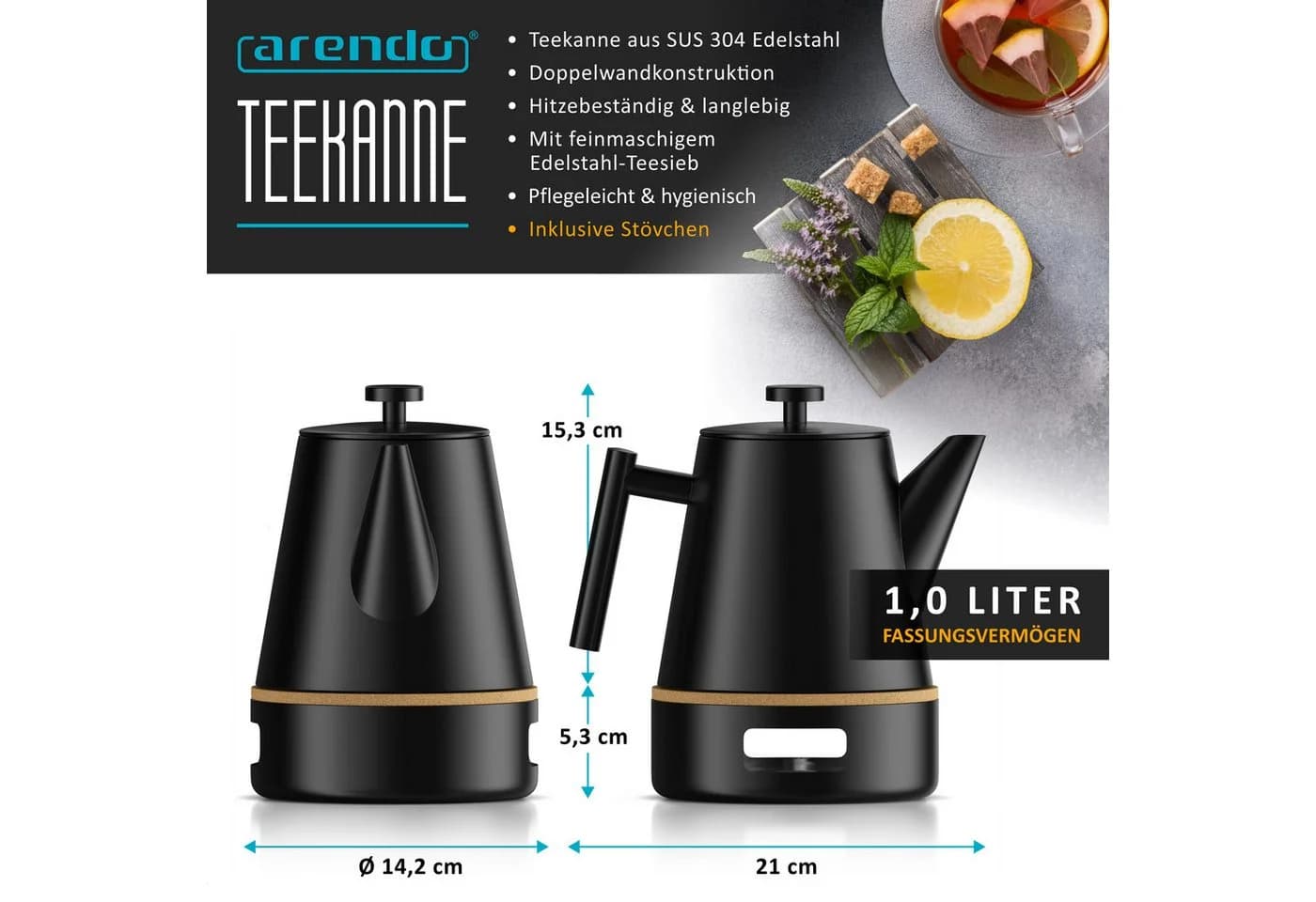 Arendo Teekanne Edelstahl 1000 ml mit Sieb und Stövchen