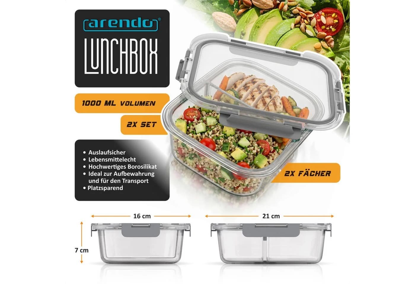 Arendo Frischhaltedose 2 Fächer 2er Set Borosilikatglas transparent/grau