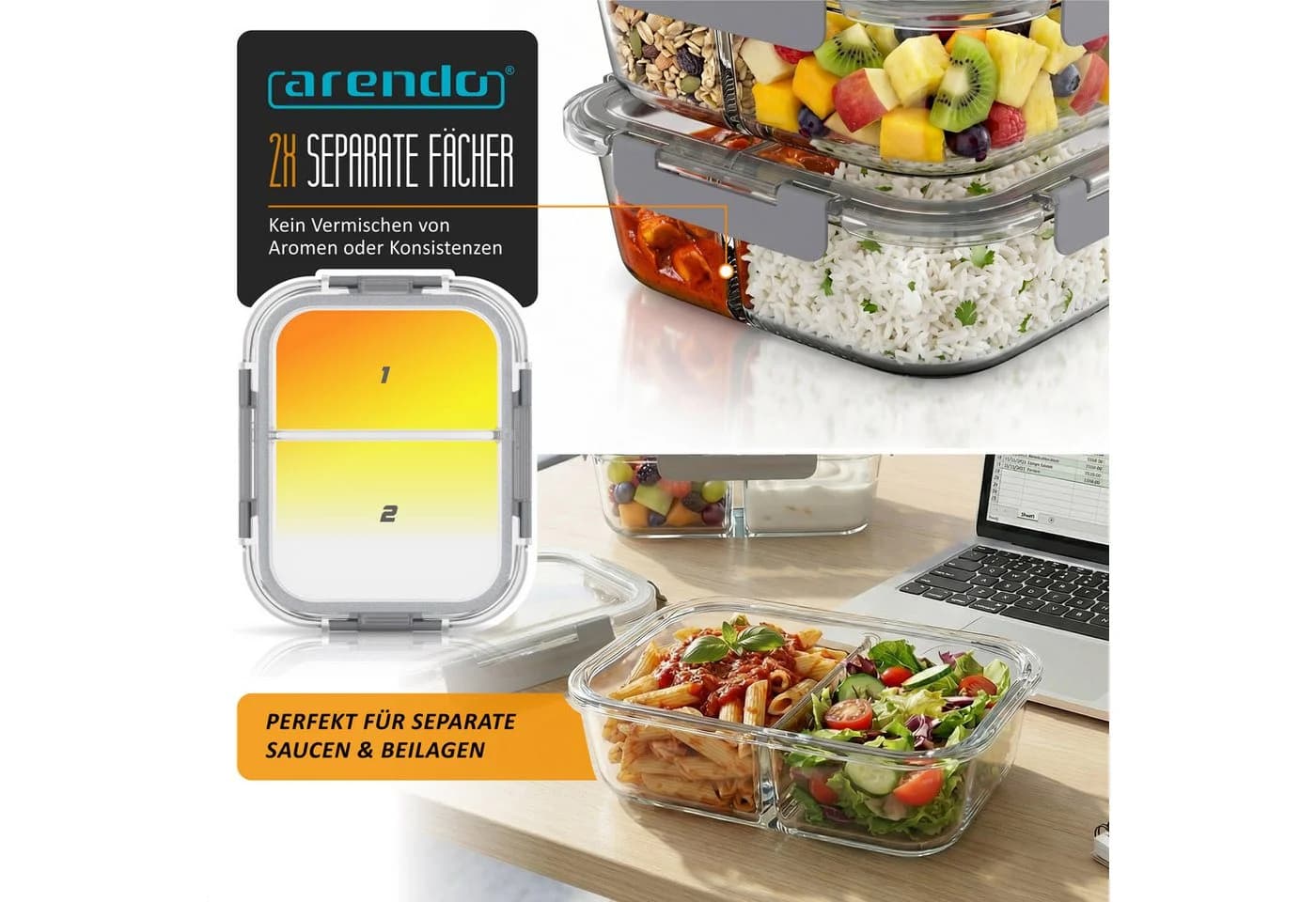 Arendo Frischhaltedose 2 Fächer 2er Set Borosilikatglas transparent/grau - Bild 3