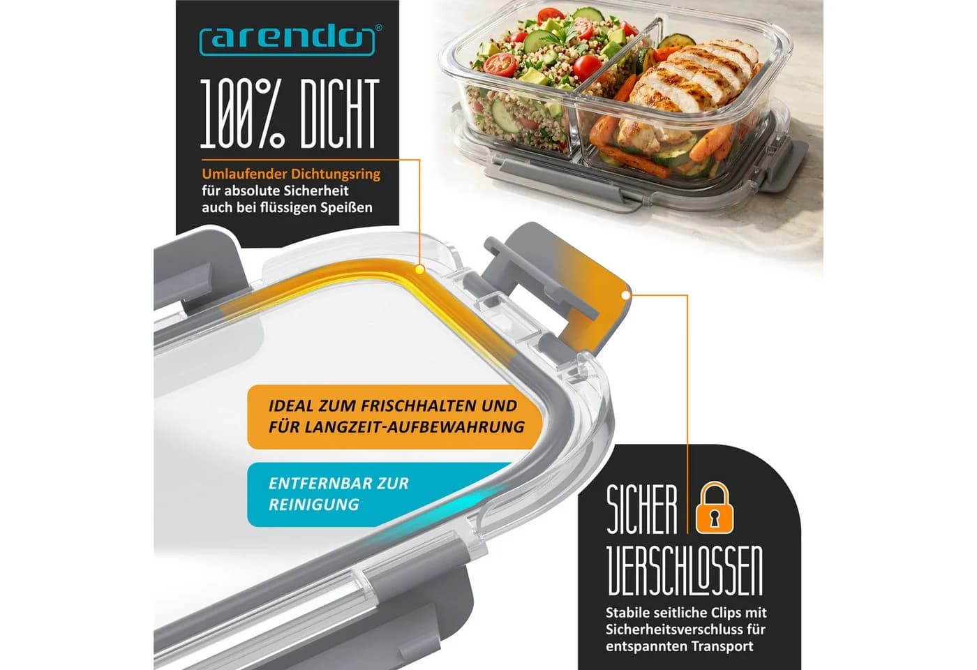 Arendo Frischhaltedose 2 Fächer 2er Set Borosilikatglas transparent/grau - Bild 5