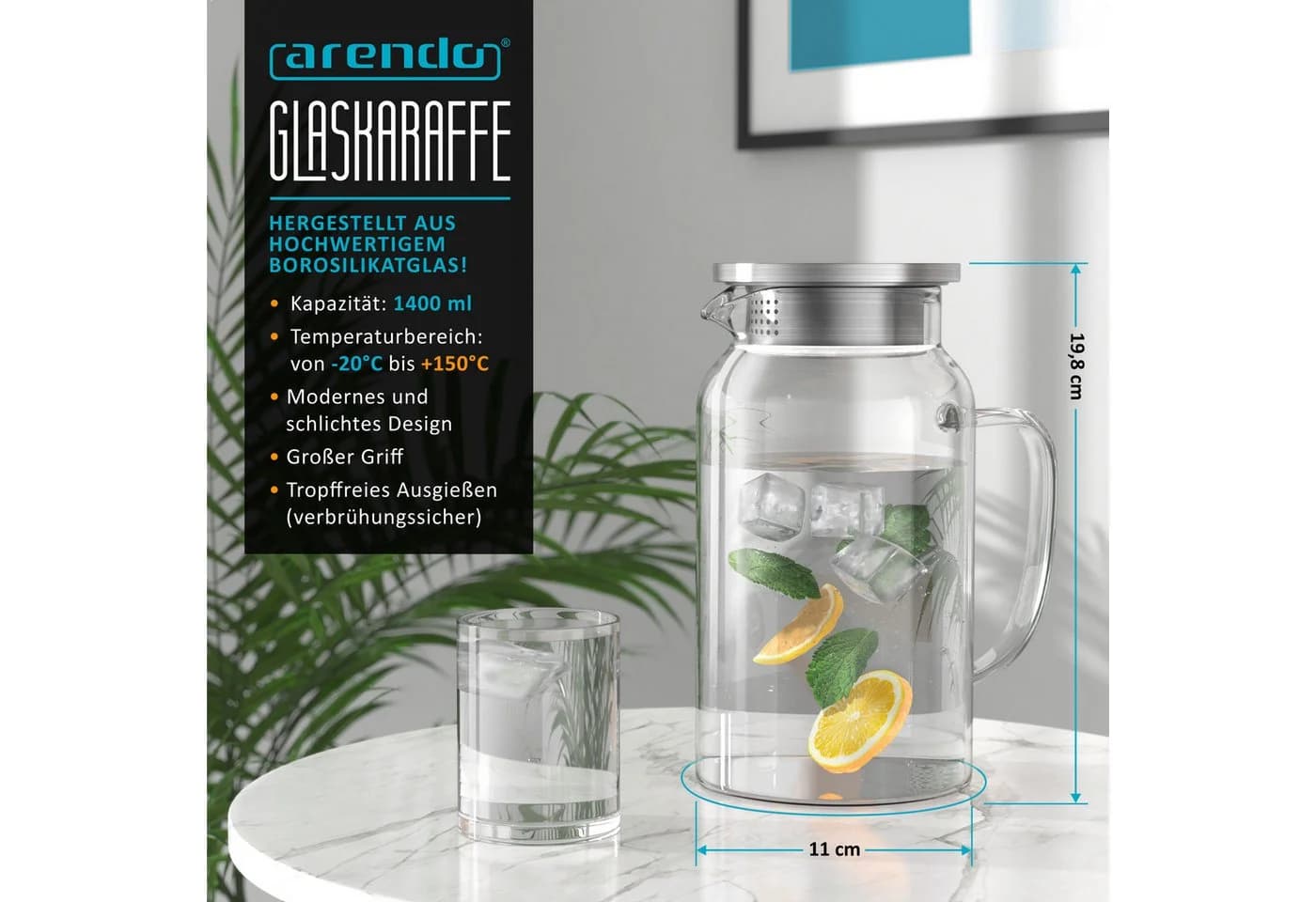 Arendo Glaskaraffe 1450 ml mit Edelstahldeckel und Sieb