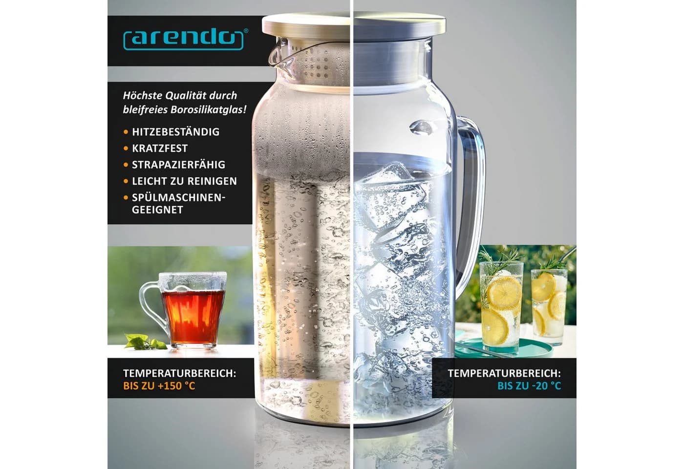 Arendo Glaskaraffe 1450 ml mit Edelstahldeckel und Sieb - Bild 4