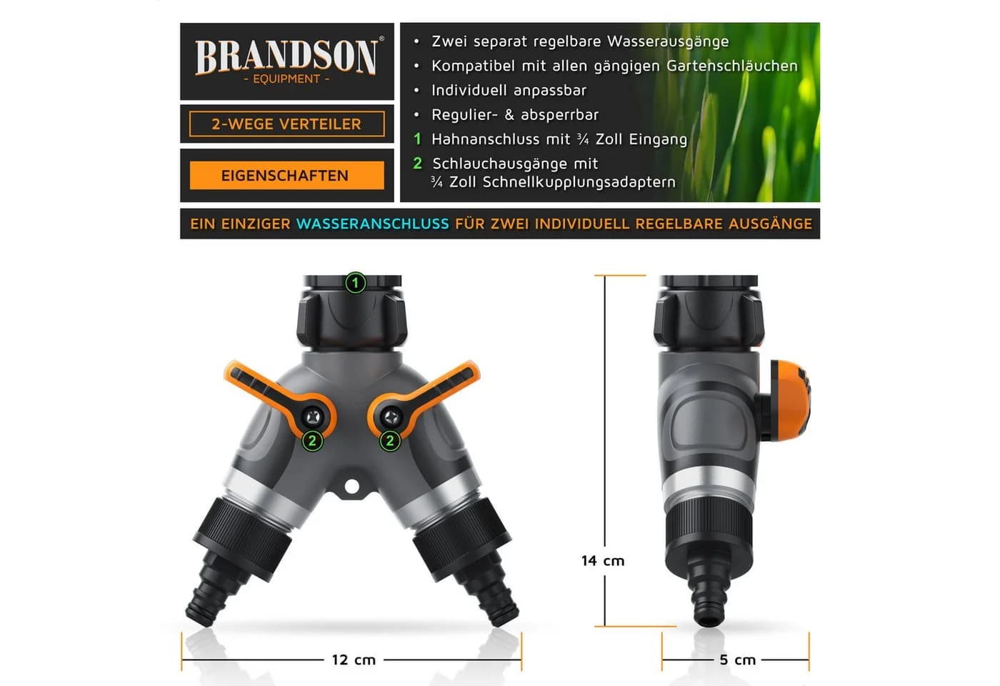 Brandson 2-Wege Wasserverteiler 2-fach Y-Verteiler 3/4 Zoll Schwarz/Orange