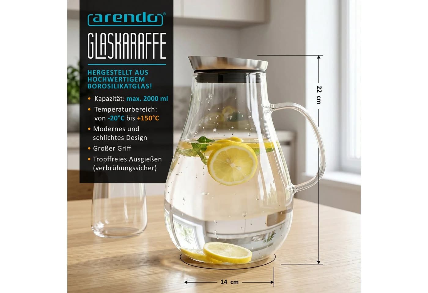 Arendo Glaskaraffe 2L mit Edelstahldeckel & Filter