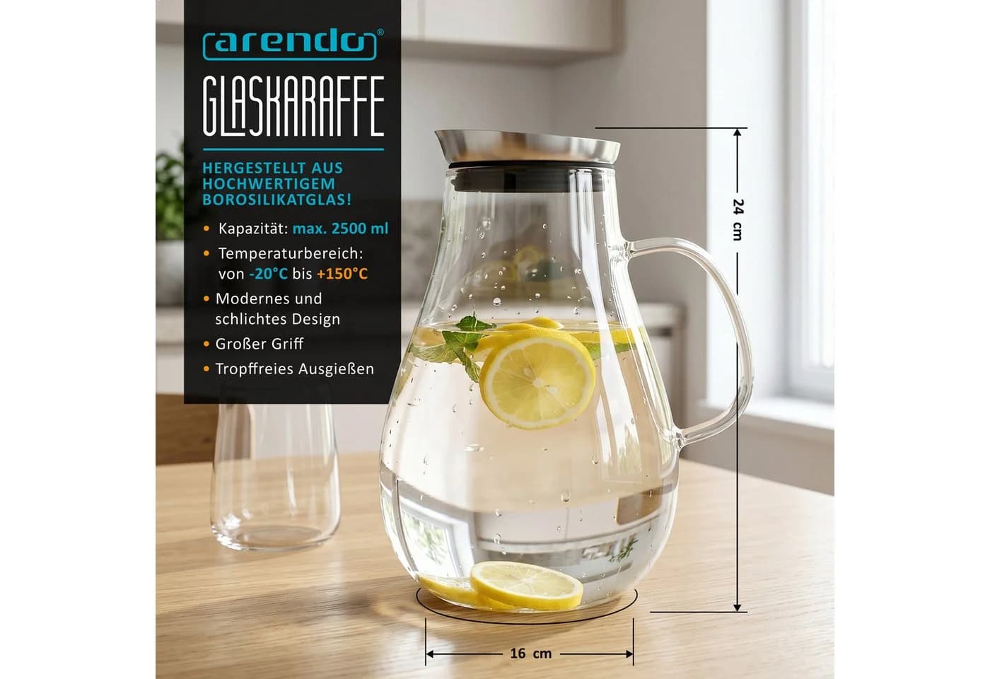 Arendo Glaskaraffe 2,5 L mit Edelstahldeckel und Filter