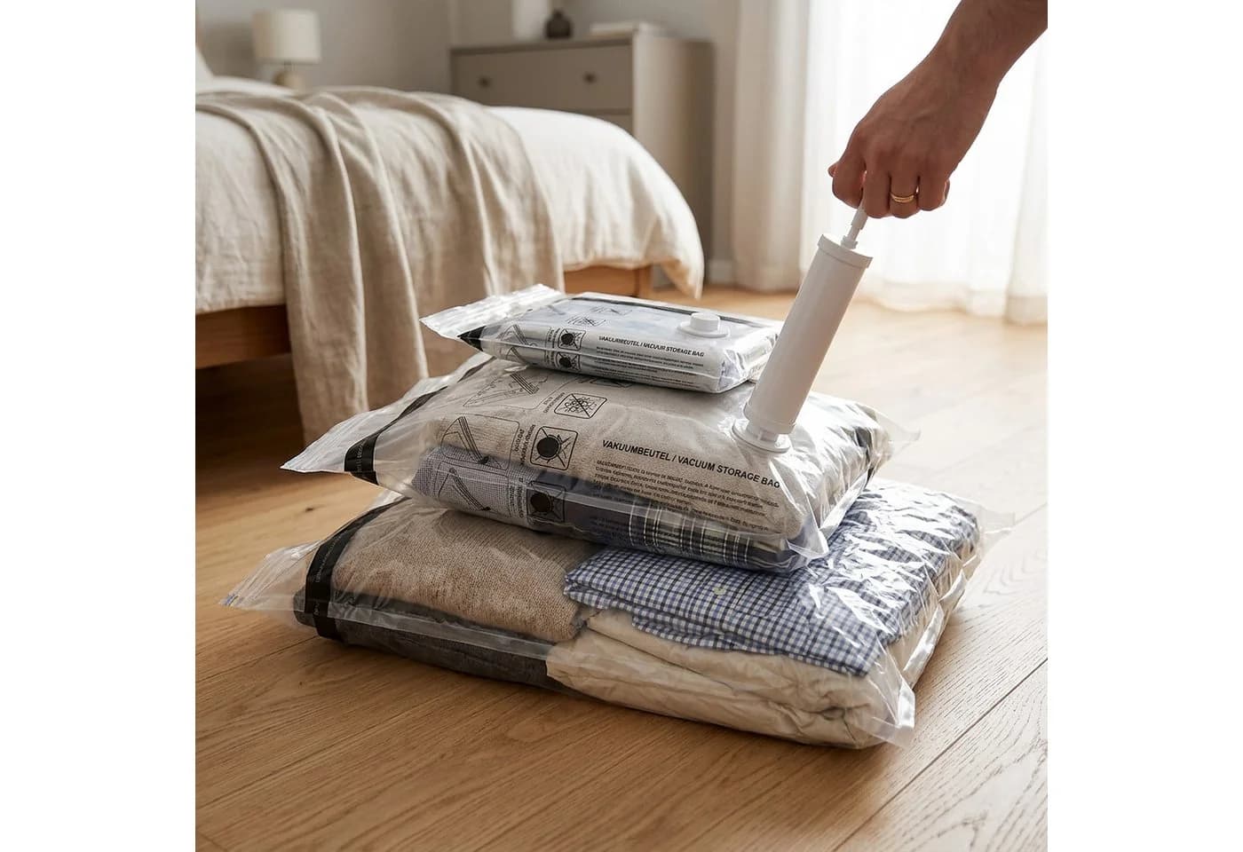 MyBeo Vakuumierbeutel 6x Set 3 Größen Kompressionsbeutel mit Handpumpe