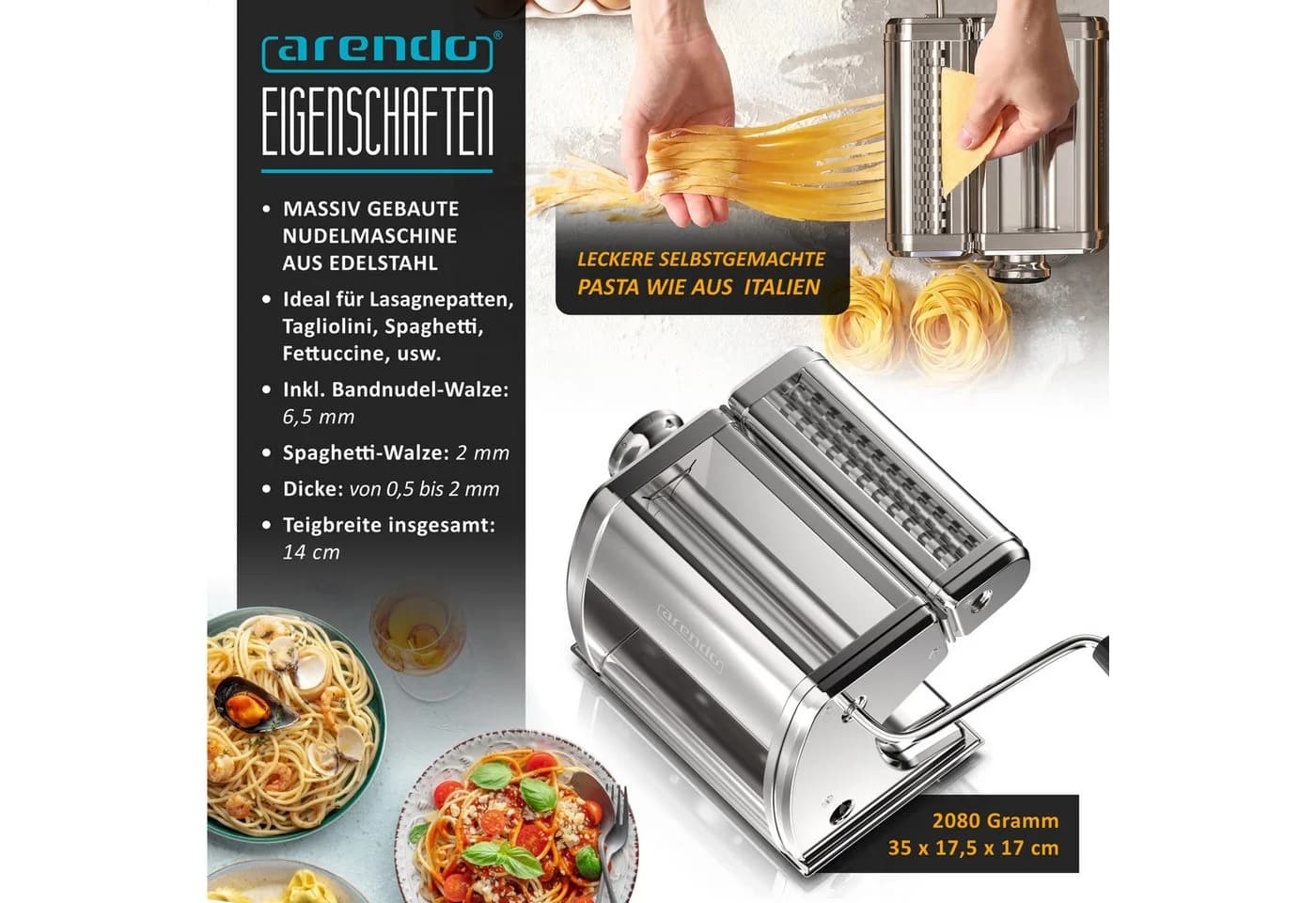 Arendo Nudelmaschine Manuell Edelstahl 7-Stufen