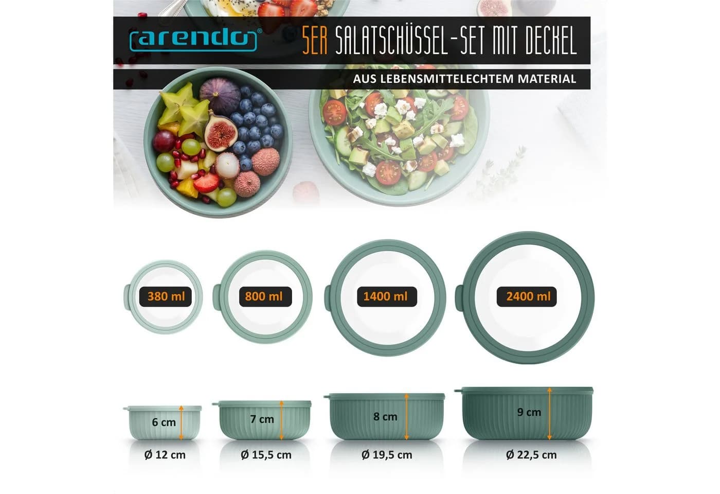 Arendo Salatschüssel 4er Set Grün mit Deckel