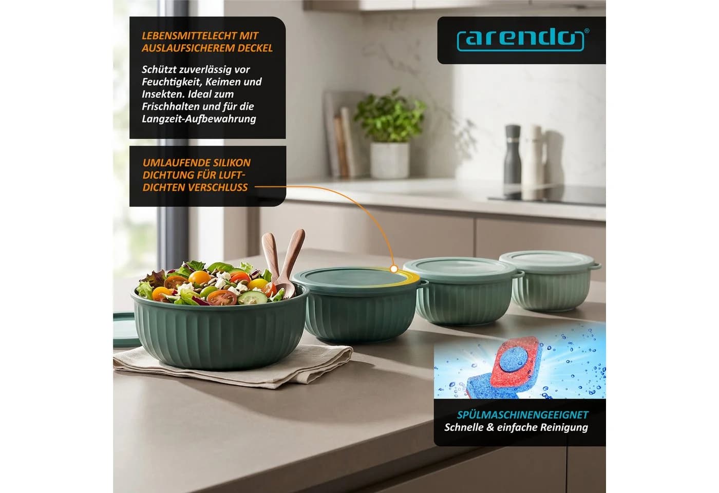 Arendo Salatschüssel 4er Set Grün mit Deckel - Bild 5