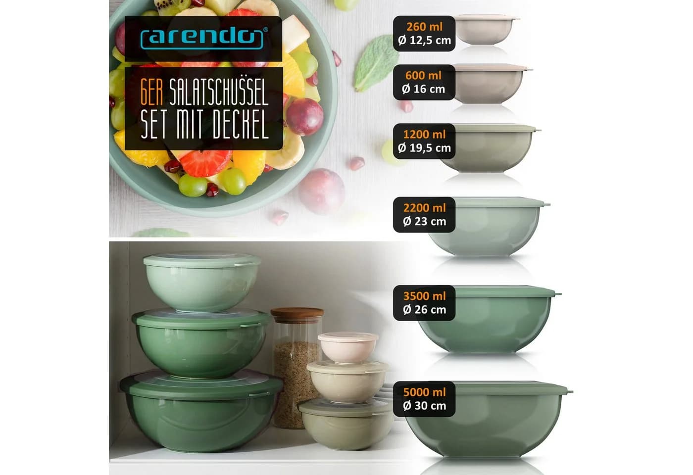 Arendo Salatschüssel 6er Set Grau/Grün mit Deckel stapelbar