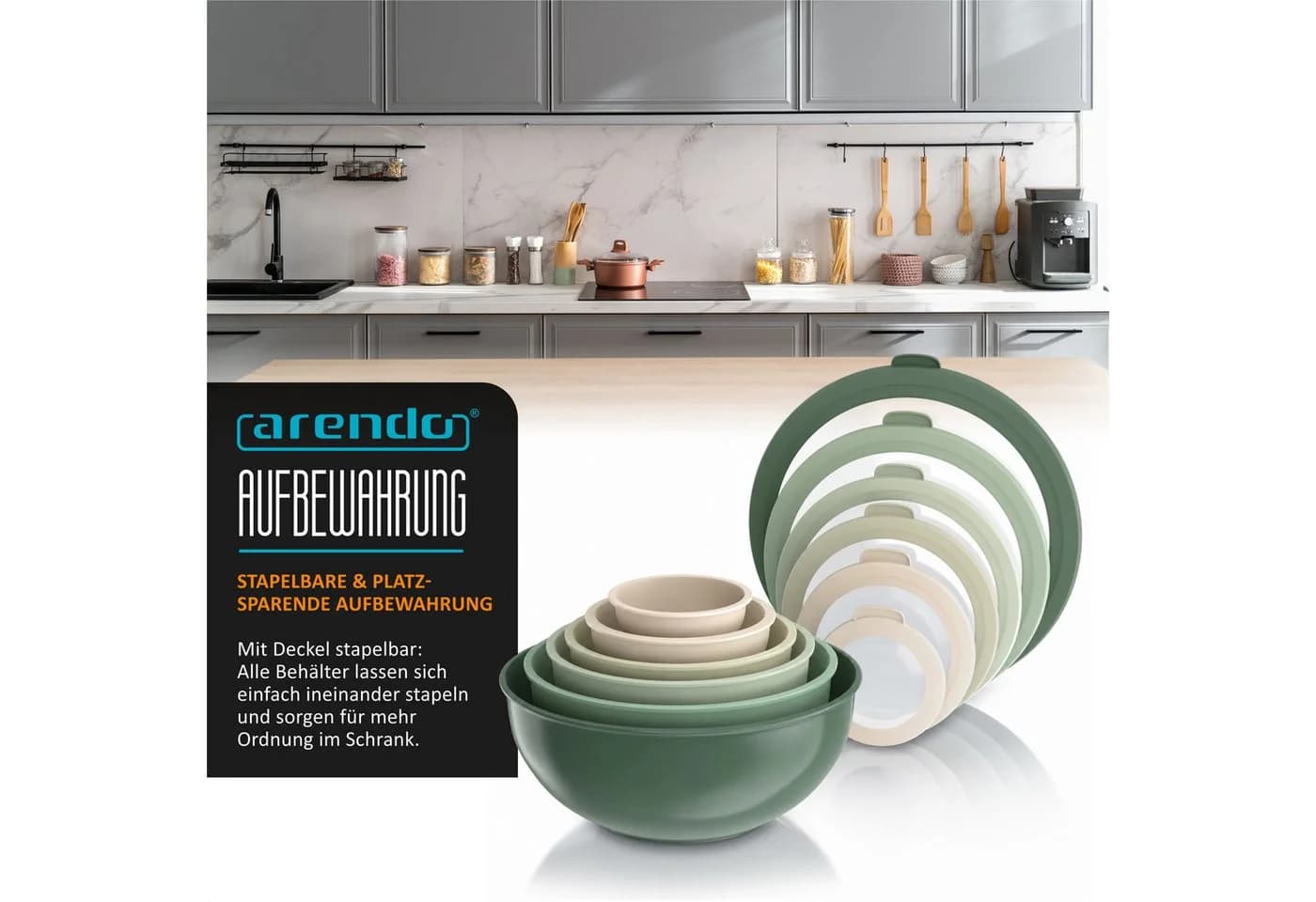Arendo Salatschüssel 6er Set Grau/Grün mit Deckel stapelbar - Bild 4