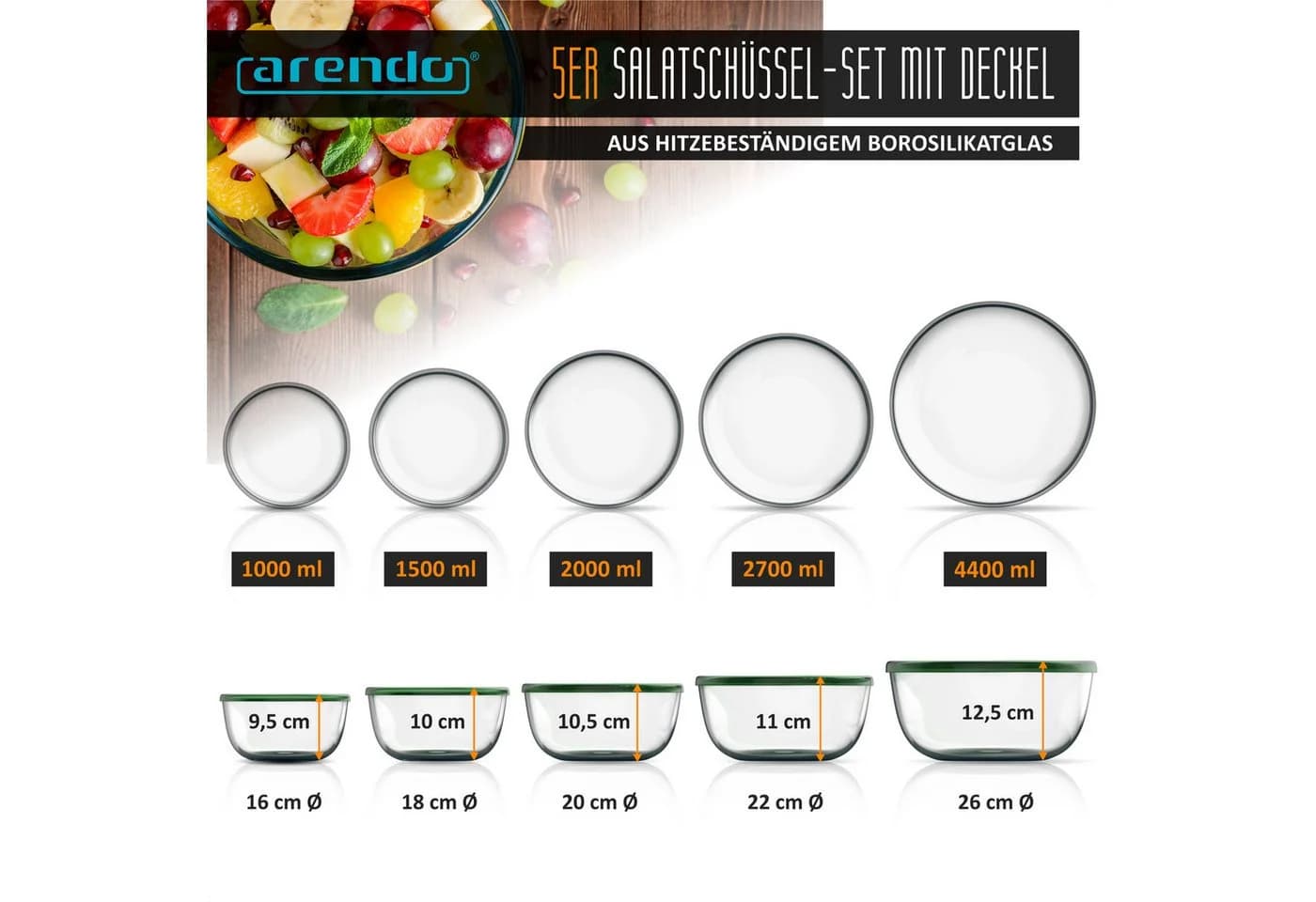 Arendo Glasschalen Set 5-tlg. mit Deckeln transparent