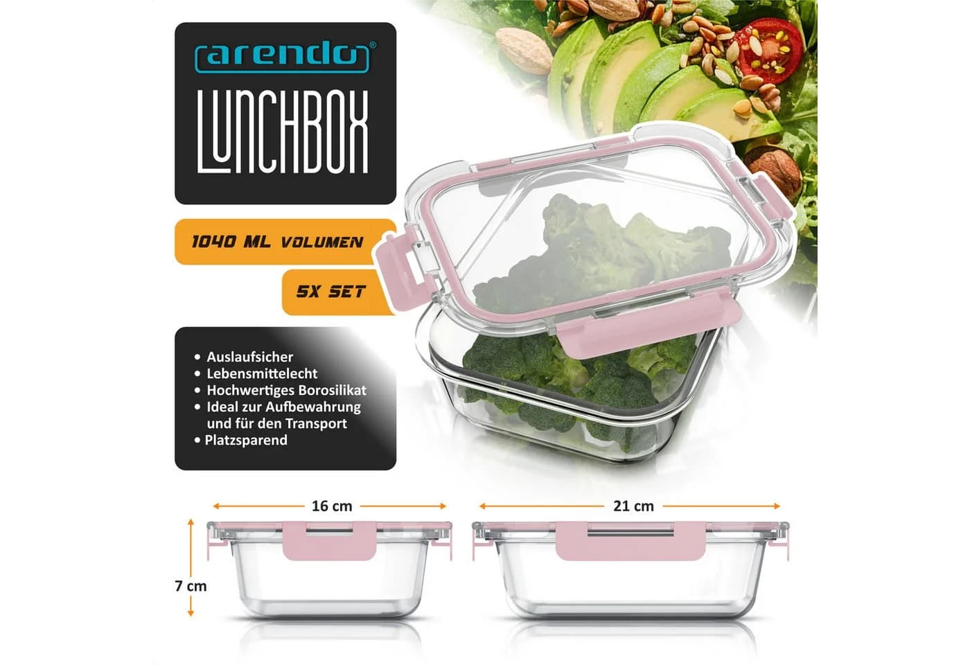 Arendo Frischhaltedose 5er Set Glas Rosa/Weiß