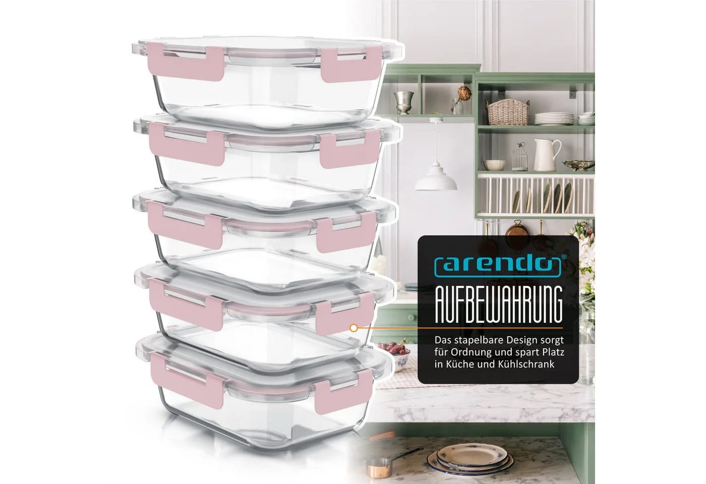 Arendo Frischhaltedose 5er Set Glas Rosa/Weiß - Bild 3