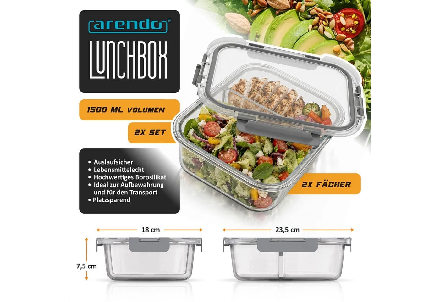 Arendo Frischhaltedose 2er Set Glas 2 Fächer transparent