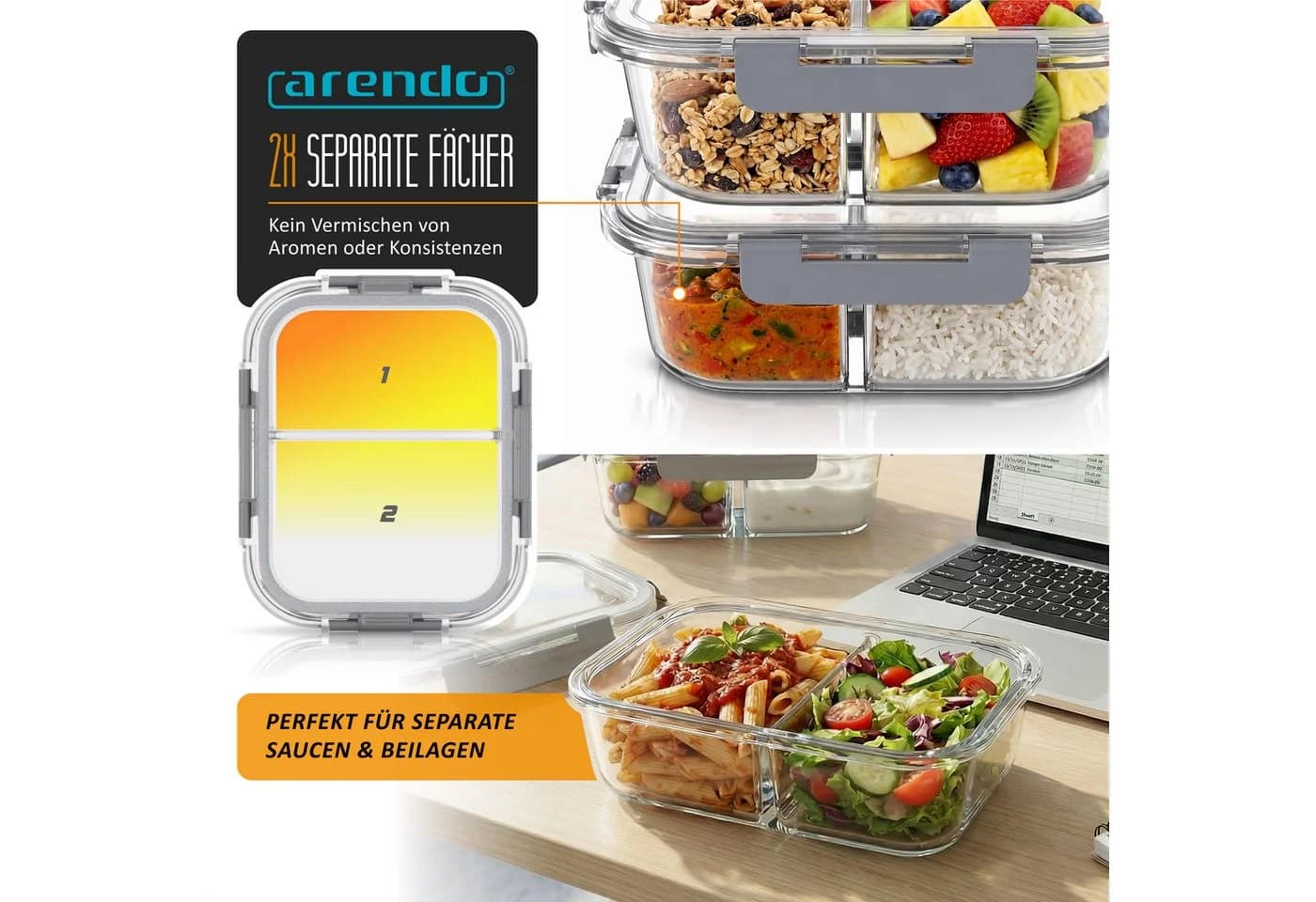 Arendo Frischhaltedose 2er Set Glas 2 Fächer transparent - Bild 4
