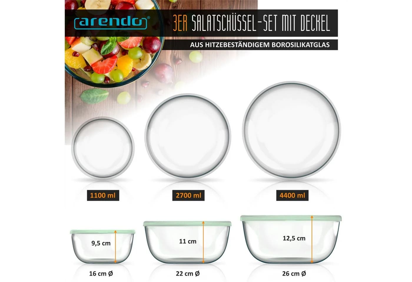 Arendo Glasschalen Set 3-tlg. mit Deckel, transparent/weiß