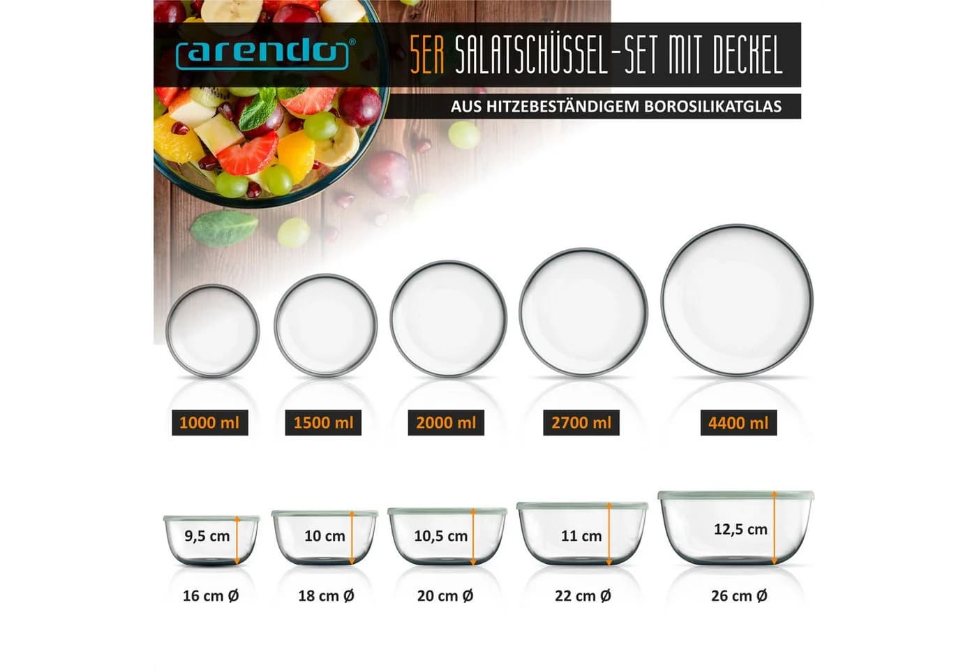 Arendo Glasschalen Set 5-tlg. mit Deckel, transparent