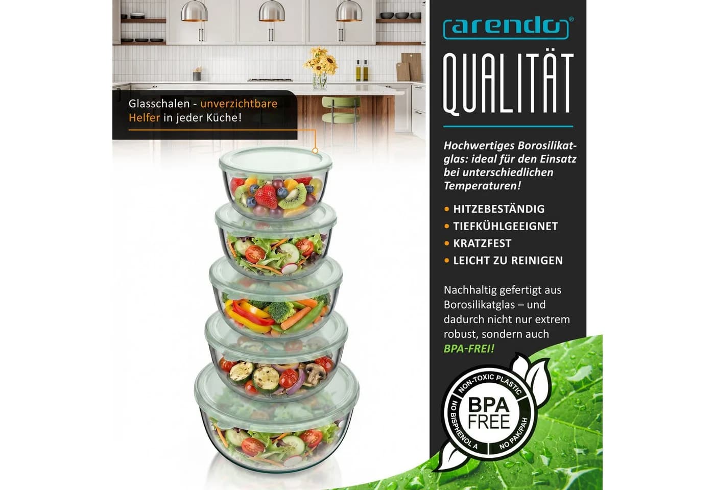 Arendo Glasschalen Set 5-tlg. mit Deckel, transparent - Bild 5