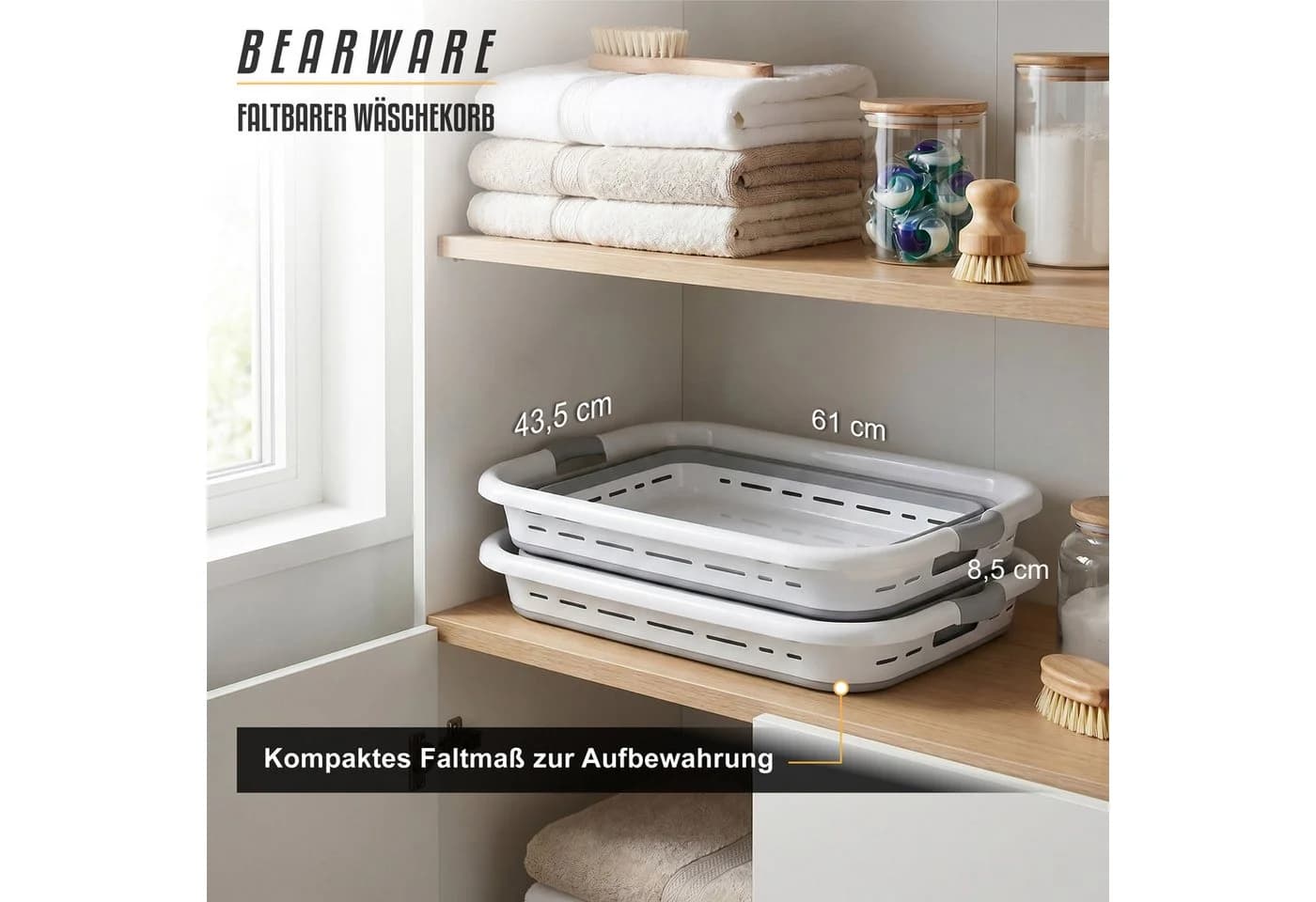 BEARWARE Faltbarer Wäschekorb 45 l Grau/Weiß mit Belüftungsschlitzen - Bild 4