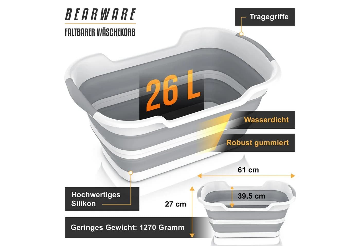 BEARWARE Faltbarer Wäschekorb 26 l Grau/Weiß Wasserdicht