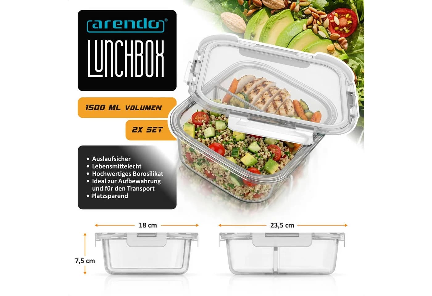 Arendo Frischhaltedose 2er Set Glas 1500ml mit 2 Fächern transparent