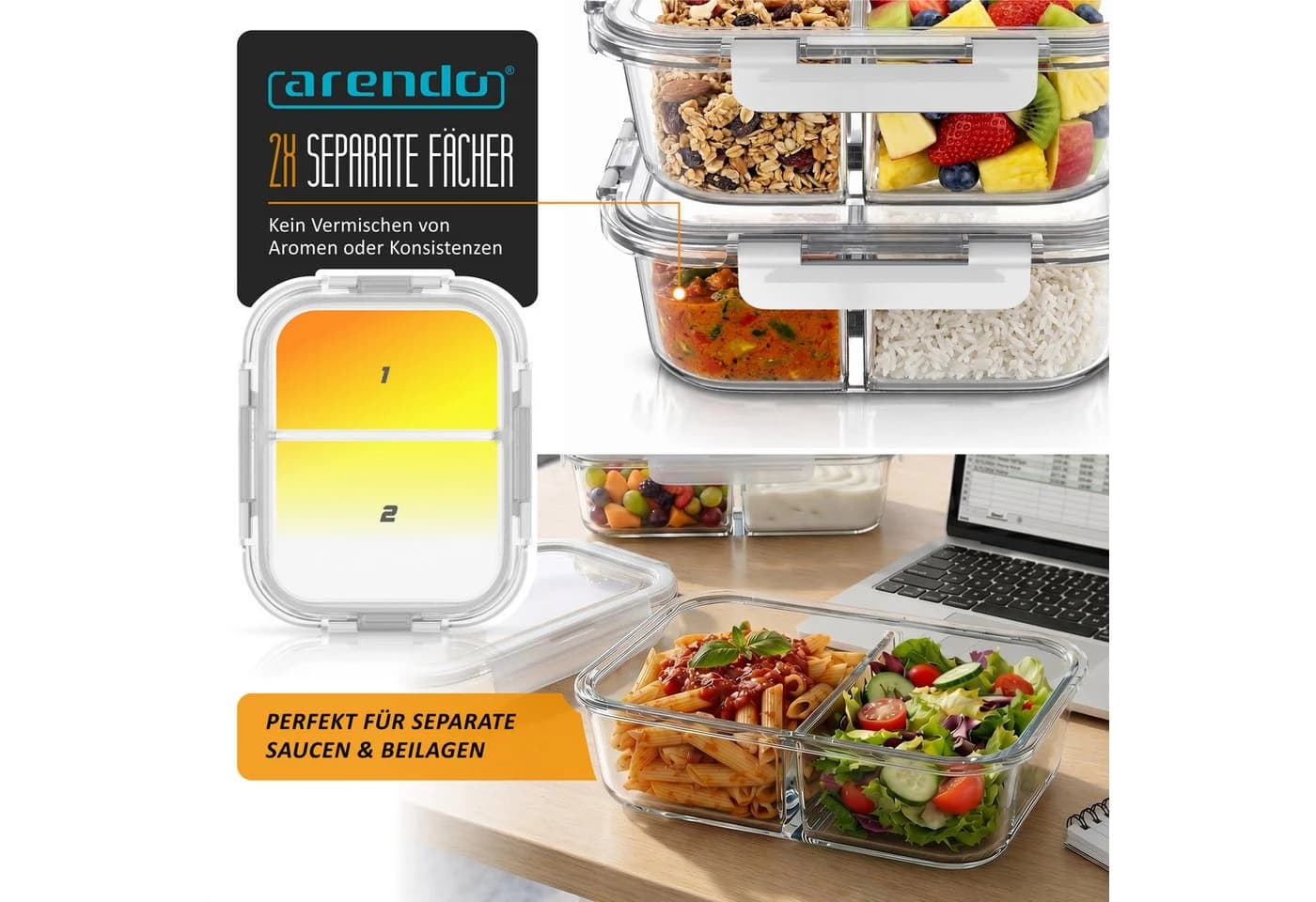 Arendo Frischhaltedose 2er Set Glas 1500ml mit 2 Fächern transparent - Bild 3