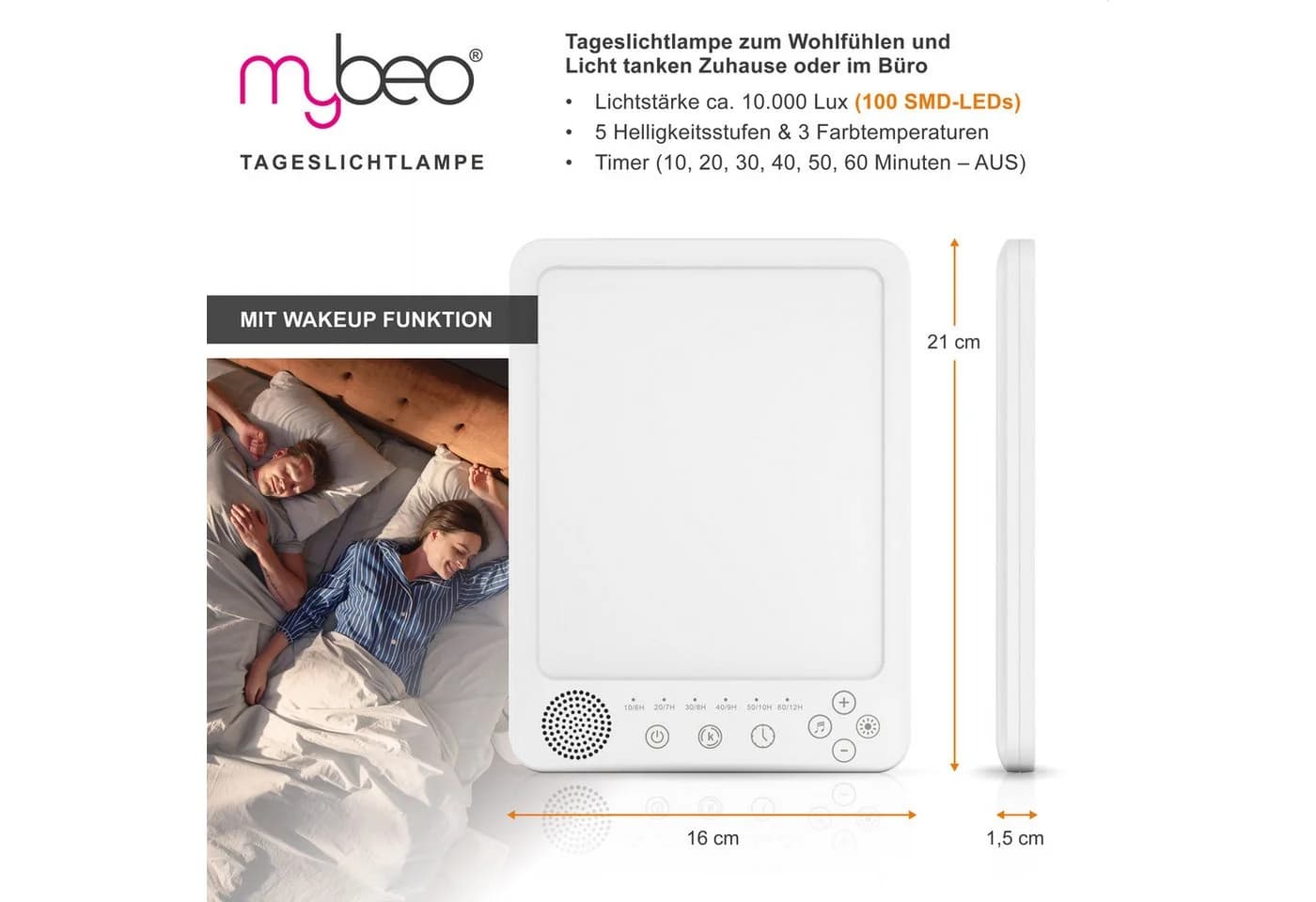 MyBeo Tageslichtlampe LED Lichttherapie 10.000 Lux Weiß
