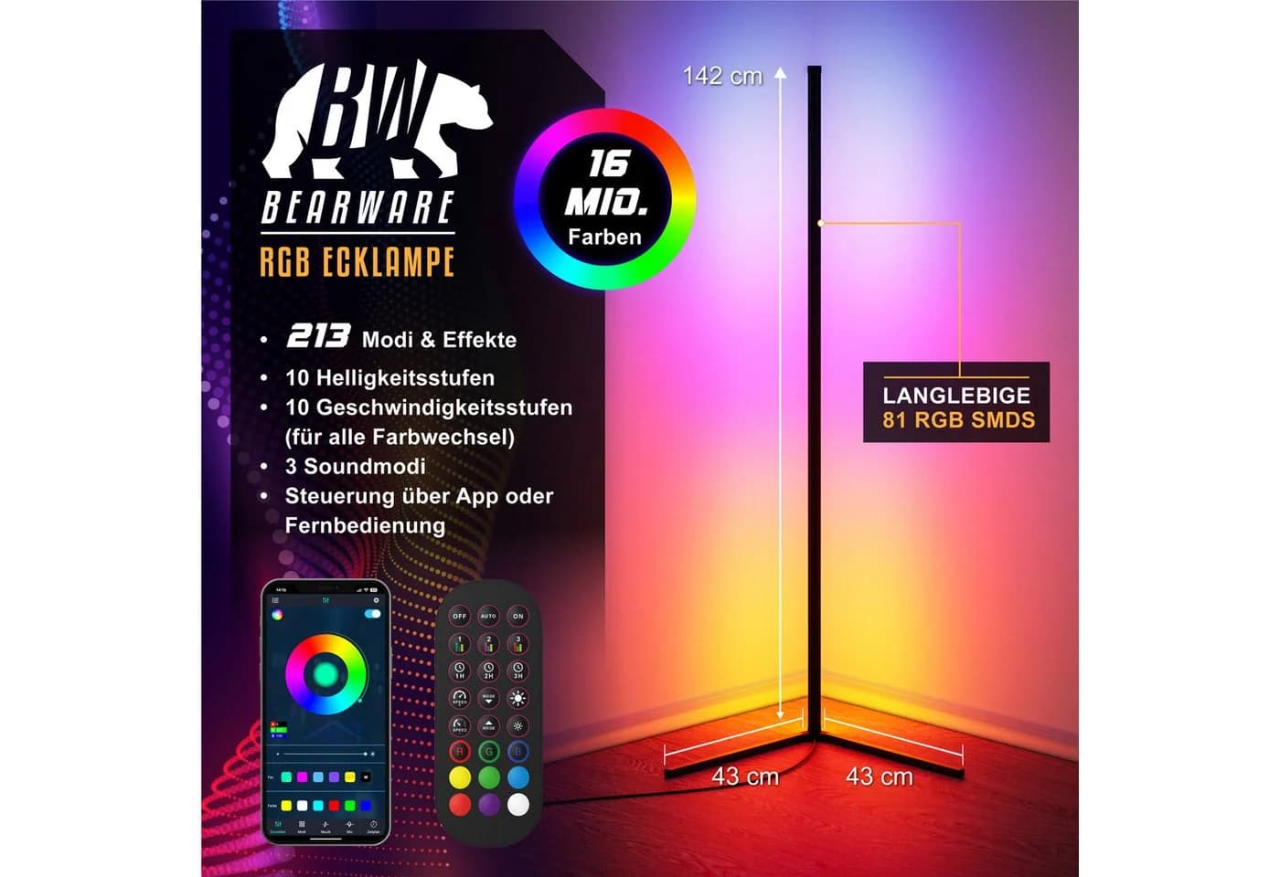 BEARWARE LED Stehlampe Smart Ecklampe Schwarz RGB