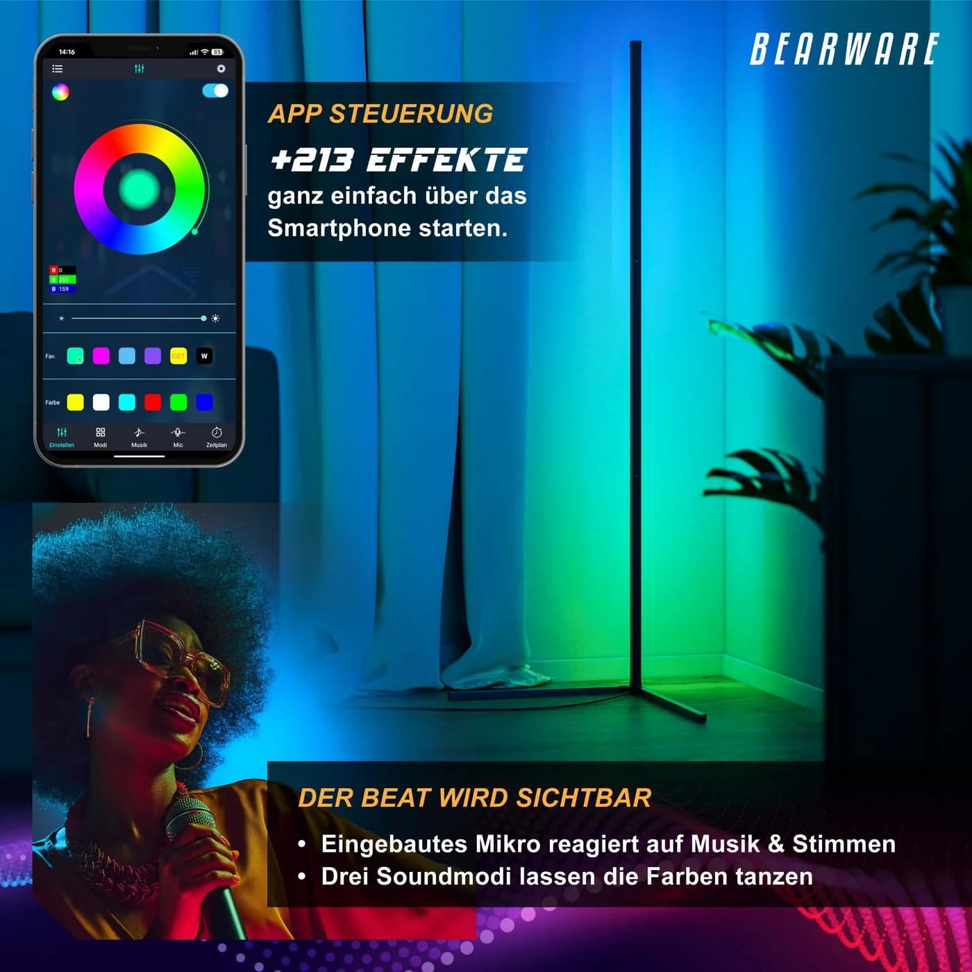 BEARWARE LED Stehlampe Smart Ecklampe Schwarz RGB - Bild 4