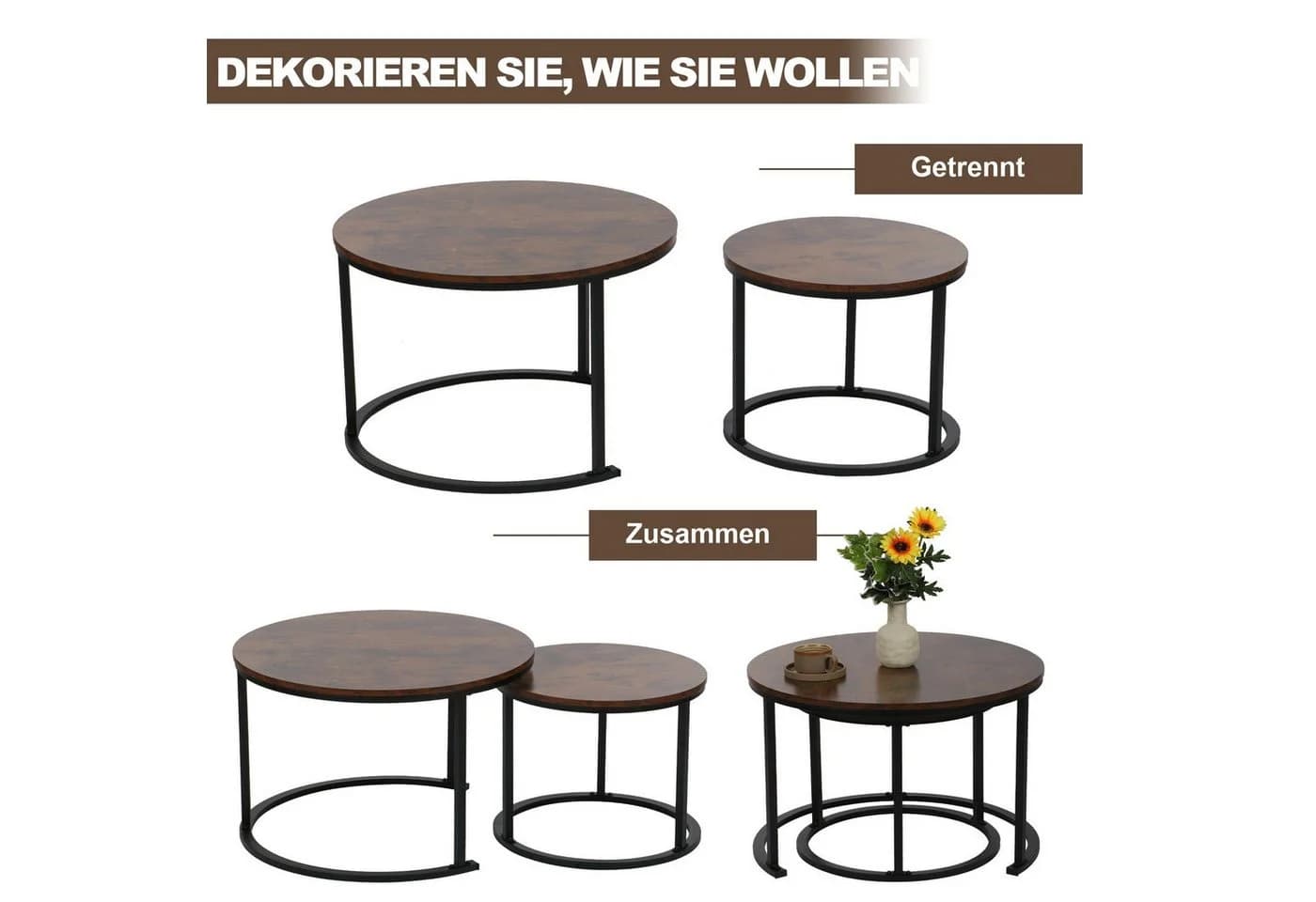 BIGTREE Couchtisch 2er Set Braun Marmoroptik - Bild 4
