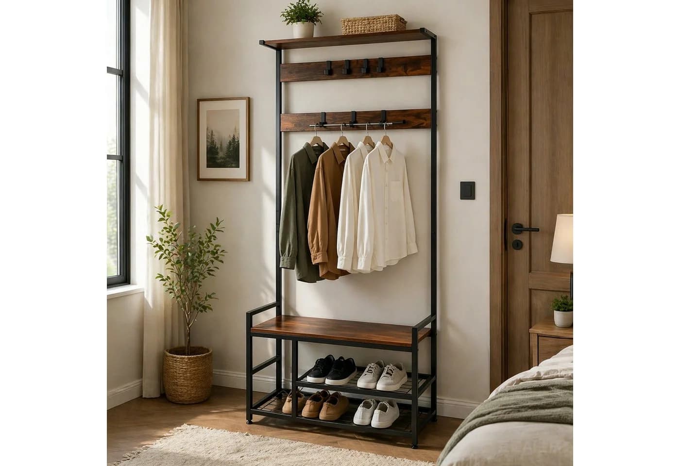 BIGTREE Kleiderständer Garderobenständer mit Schuhregal, 7 abnehmbare Haken, für Flur, Wohnzimmer, Büro, 180 cm