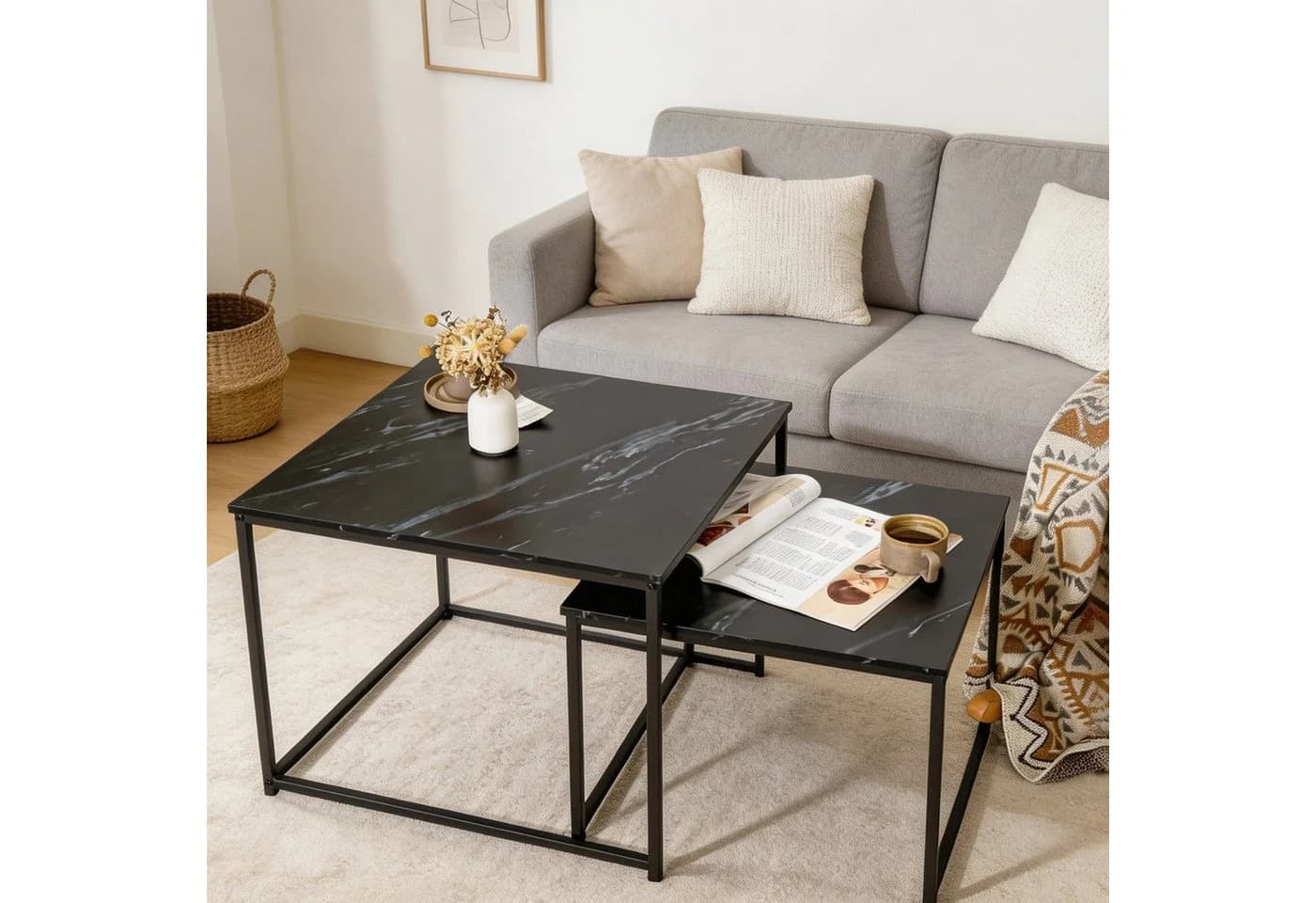BIGTREE Couchtisch 2er Set Modern Industrial Metall Holz Schwarz