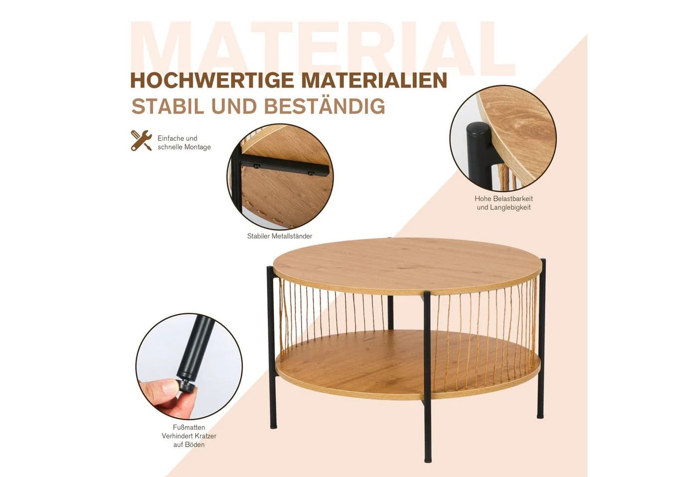 KAHOO Couchtisch Beistelltisch Holz 2 Ebenen Rund - Bild 4
