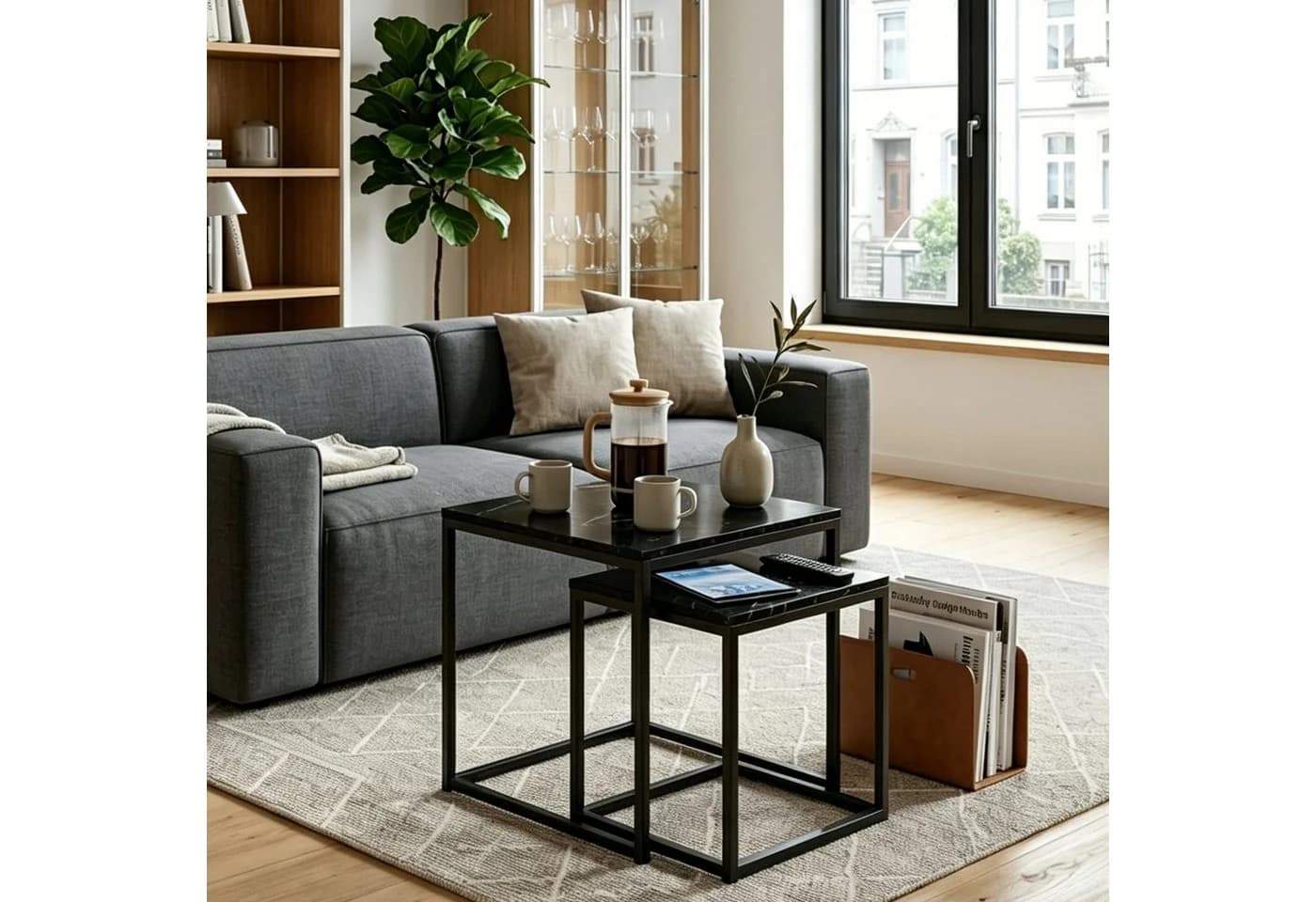 BIGTREE Couchtisch 2er Set Quadratisch Schwarz Metall Holz - Bild 4