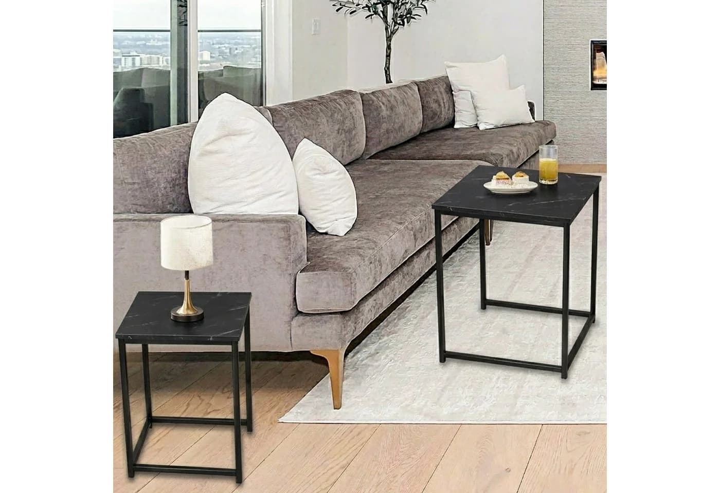BIGTREE Couchtisch 2er Set Quadratisch Schwarz Metall Holz - Bild 5