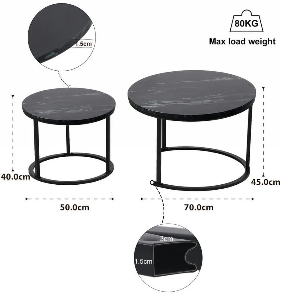 KAHOO Couchtisch-Set 2tlg. Schwarz Marmormuster Rund - Bild 3
