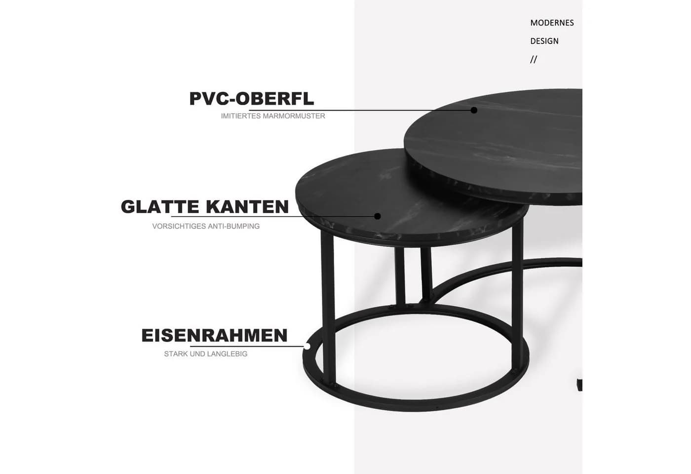 KAHOO Couchtisch-Set 2tlg. Schwarz Marmormuster Rund - Bild 4